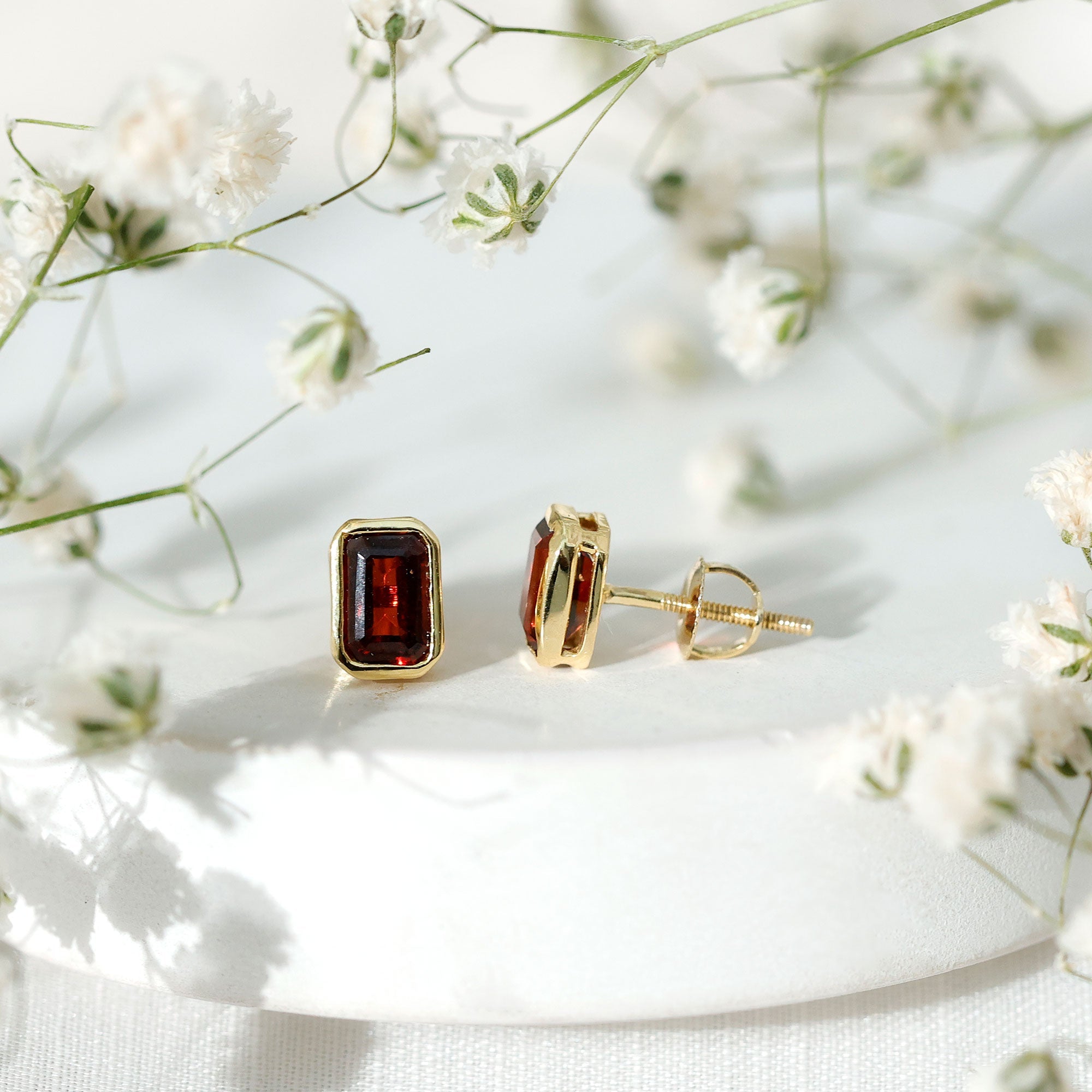 1.5 CT Emerald Cut Garnet Solitaire Stud Earrings in Bezel Setting