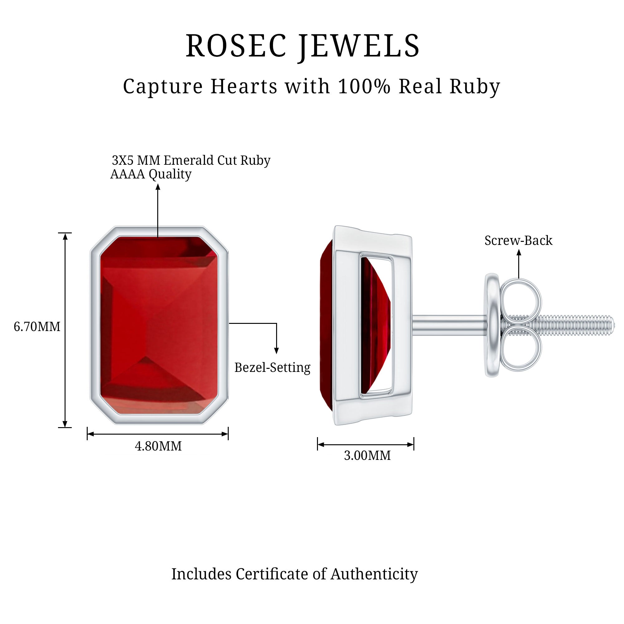 Solitaire Lab Created Ruby Emerald Cut Stud Earrings
