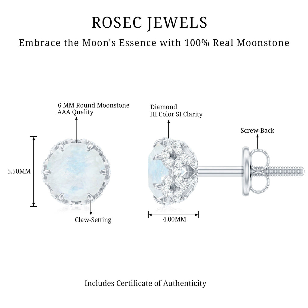 1.25 CT Moonstone Solitaire and Diamond Stud Earrings