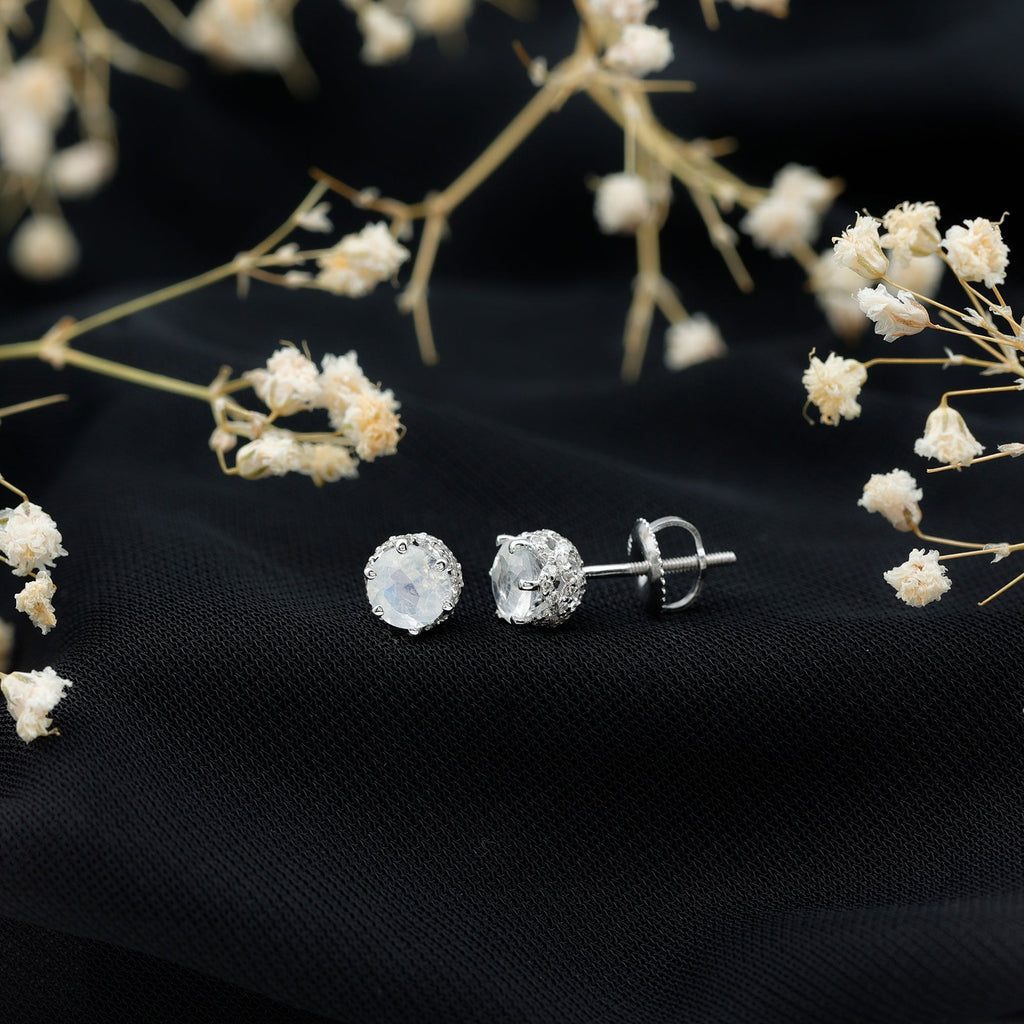 1.25 CT Moonstone Solitaire and Diamond Stud Earrings