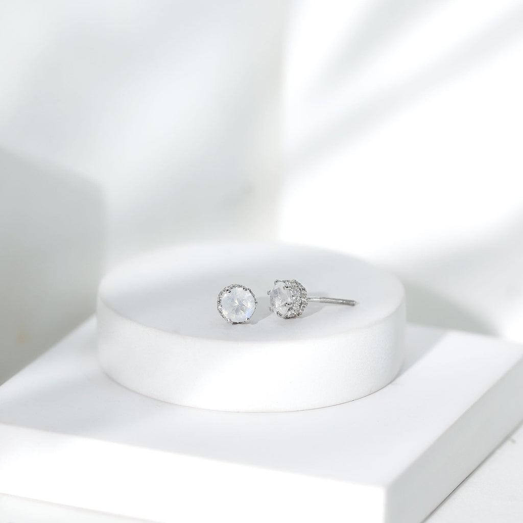 1.25 CT Moonstone Solitaire and Diamond Stud Earrings