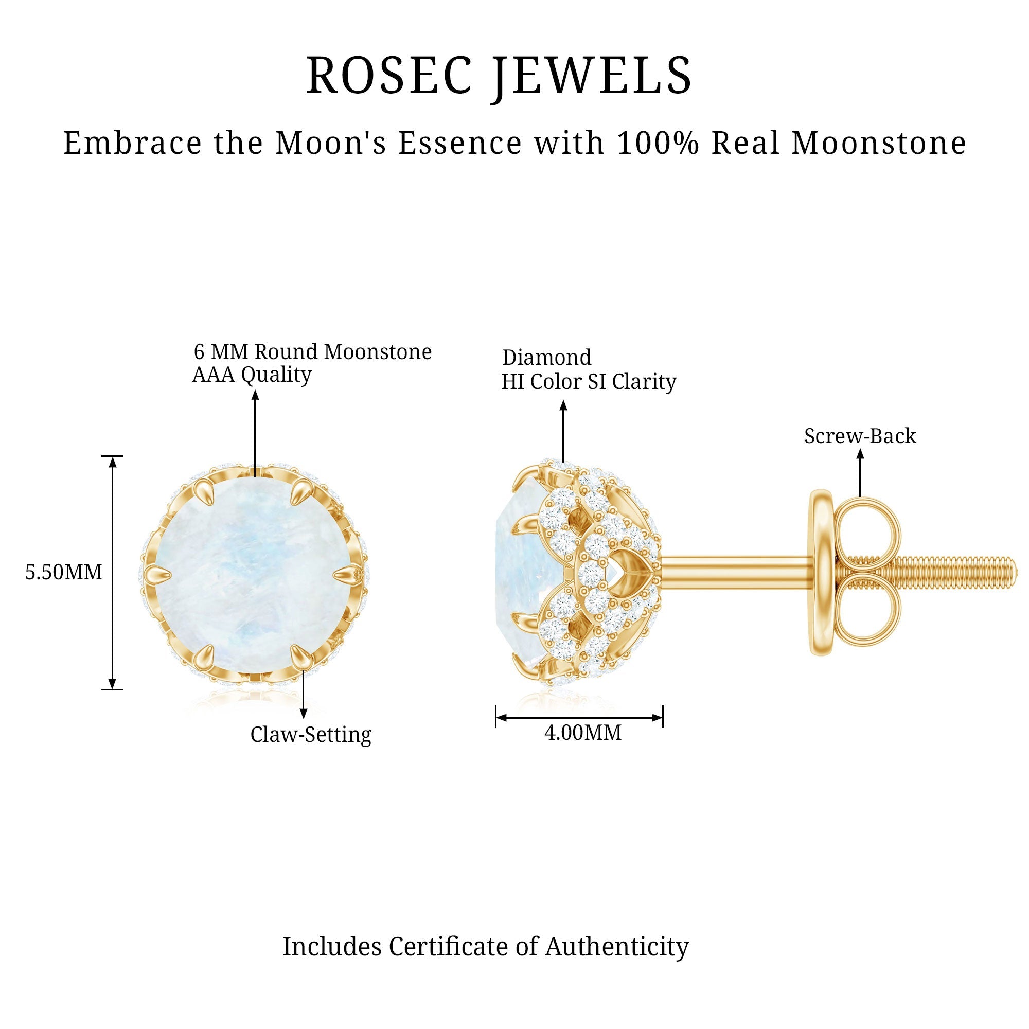 1.25 CT Moonstone Solitaire and Diamond Stud Earrings