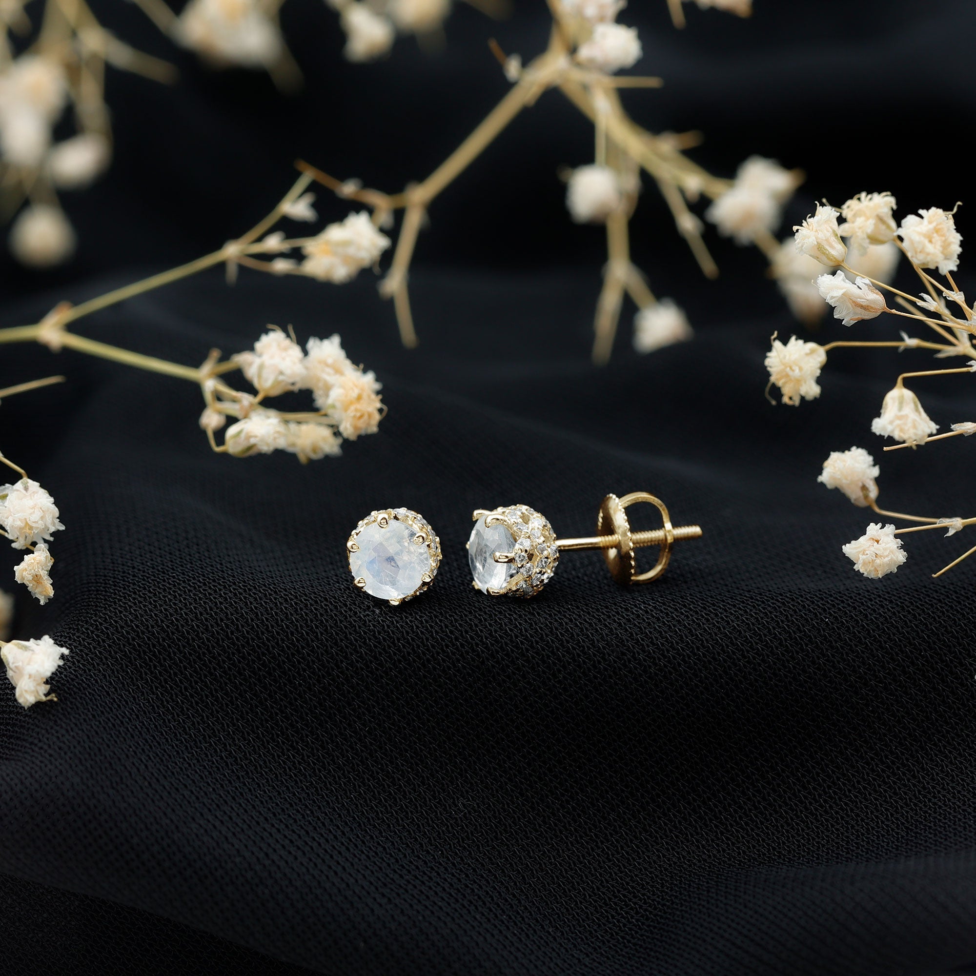 1.25 CT Moonstone Solitaire and Diamond Stud Earrings