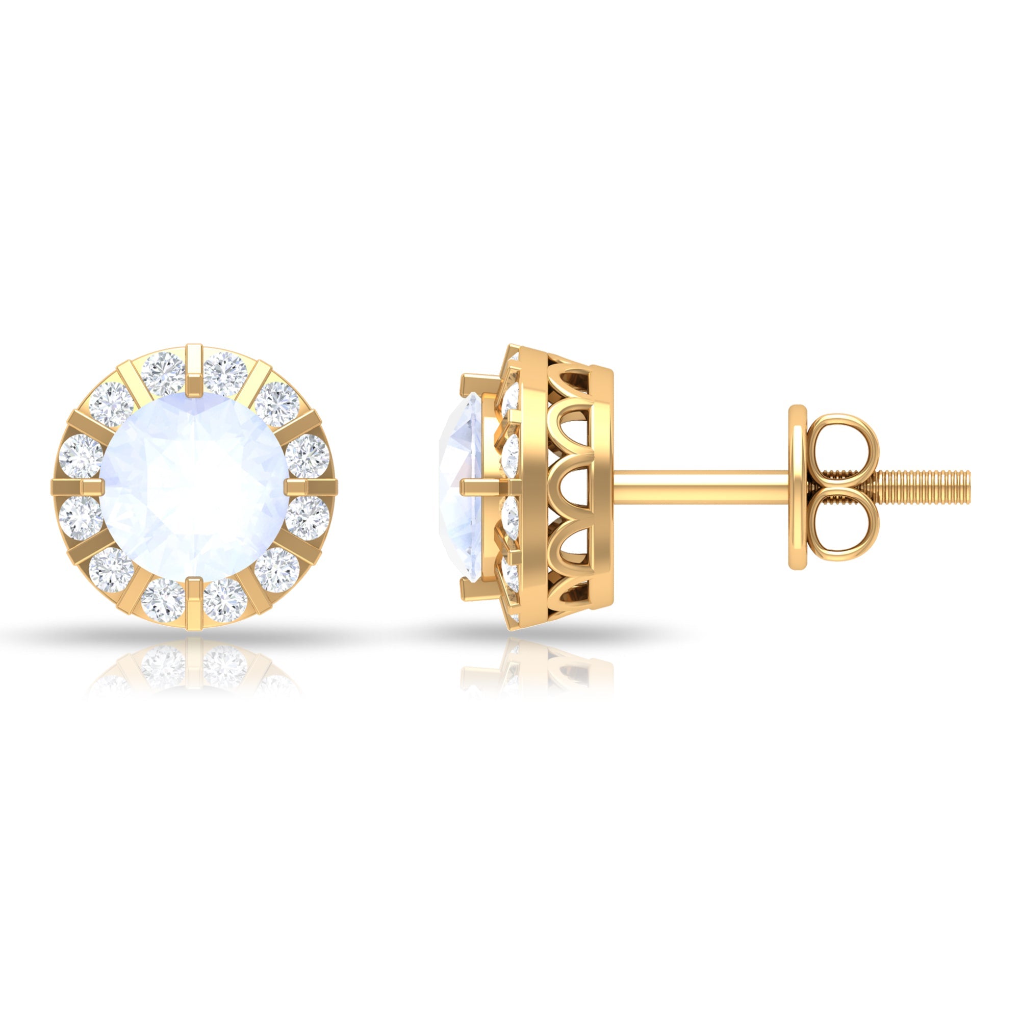 Vintage Inspired 0.74 Carat Moonstone and Diamond Halo Stud Earrings