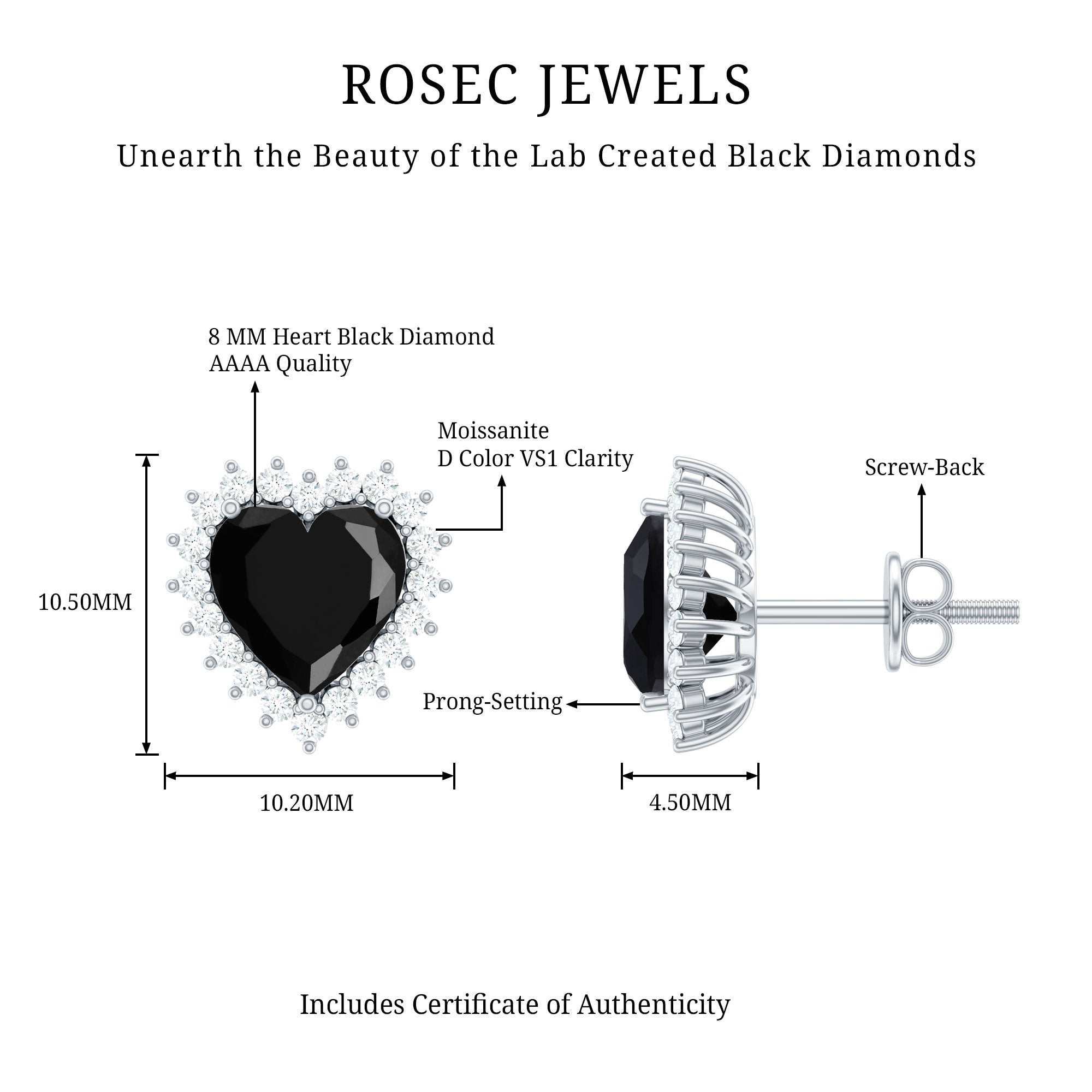 Lab Created Black Diamond Heart Stud Earrings With Moissanite Halo