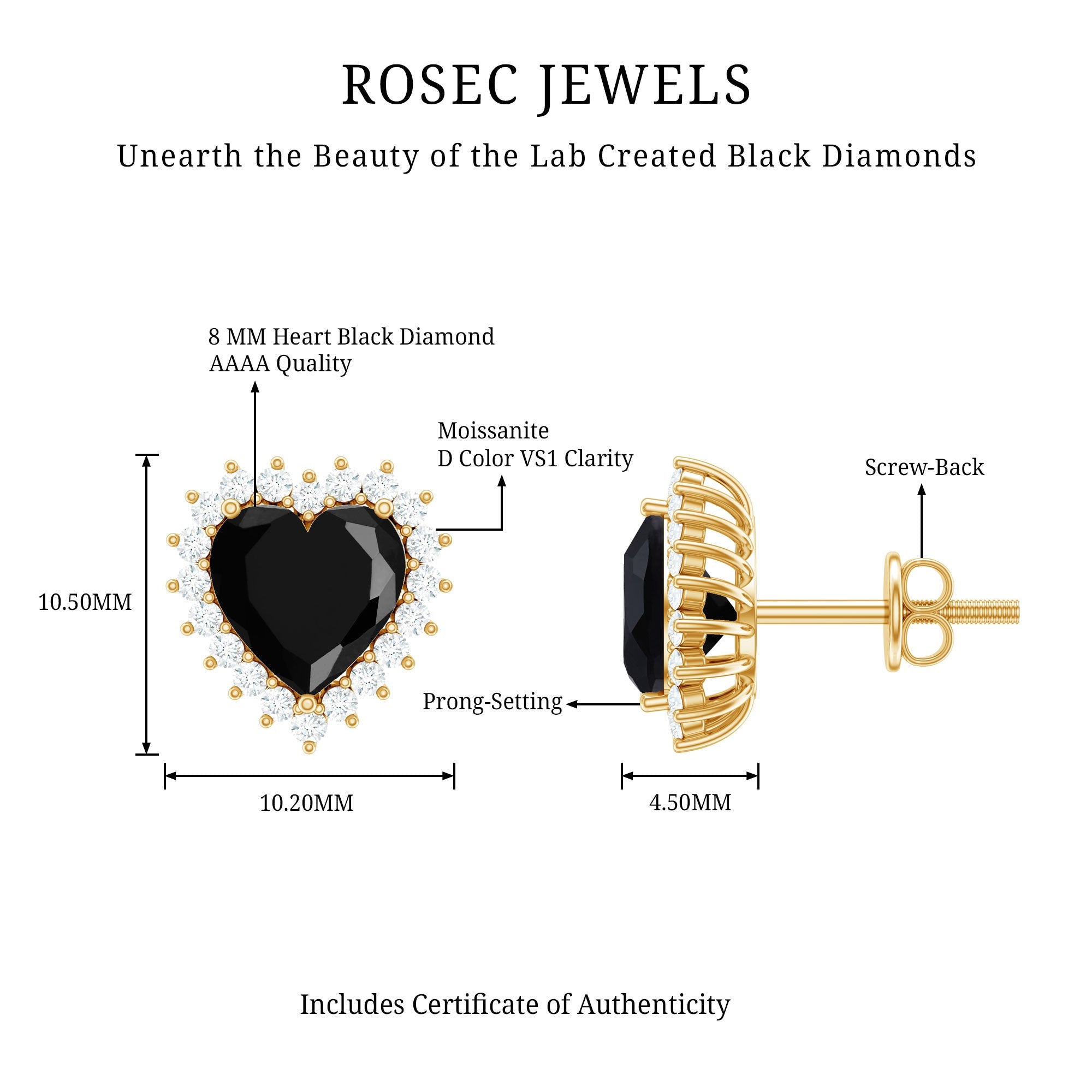 Lab Created Black Diamond Heart Stud Earrings With Moissanite Halo