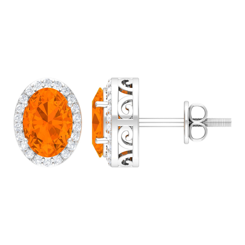 1.50 CT Oval Cut Fire Opal and Diamond Halo Stud Earrings