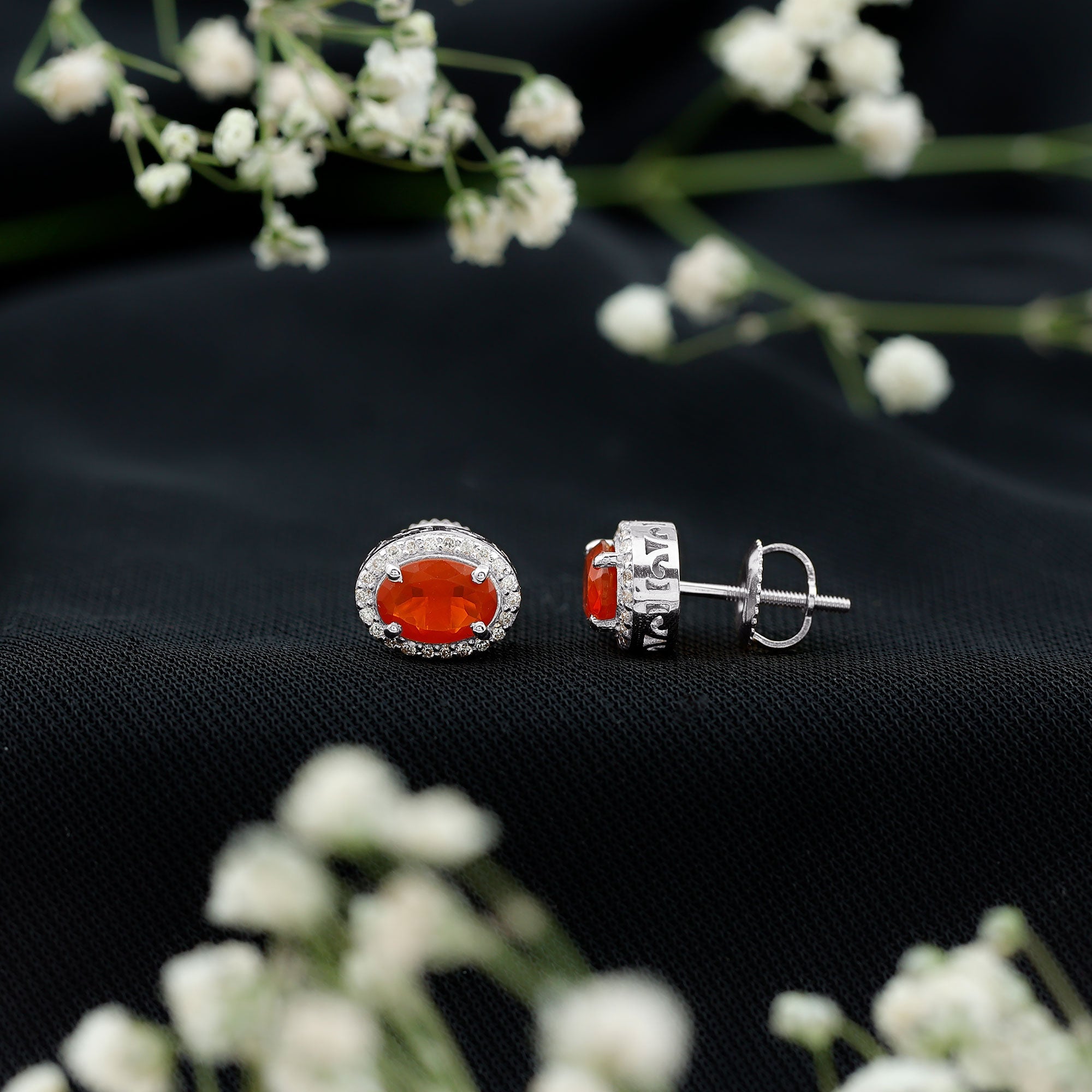 1.50 CT Oval Cut Fire Opal and Diamond Halo Stud Earrings