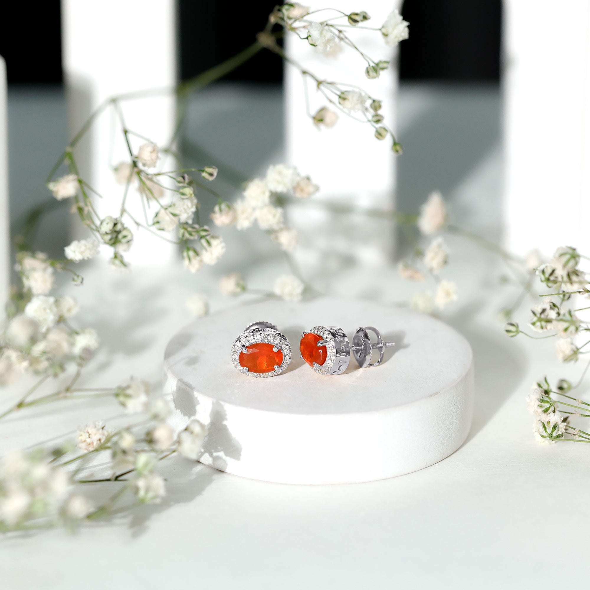 1.50 CT Oval Cut Fire Opal and Diamond Halo Stud Earrings