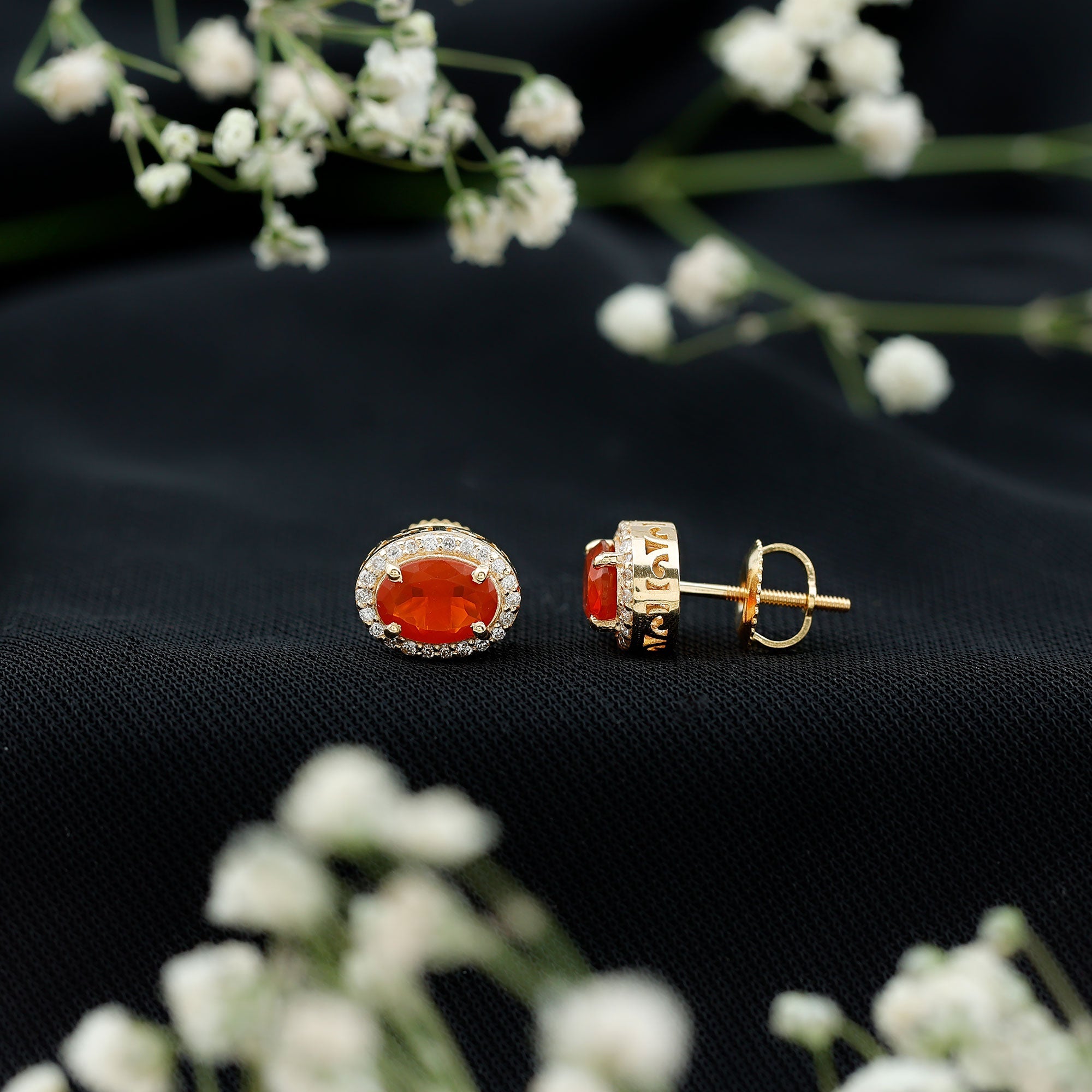 1.50 CT Oval Cut Fire Opal and Diamond Halo Stud Earrings