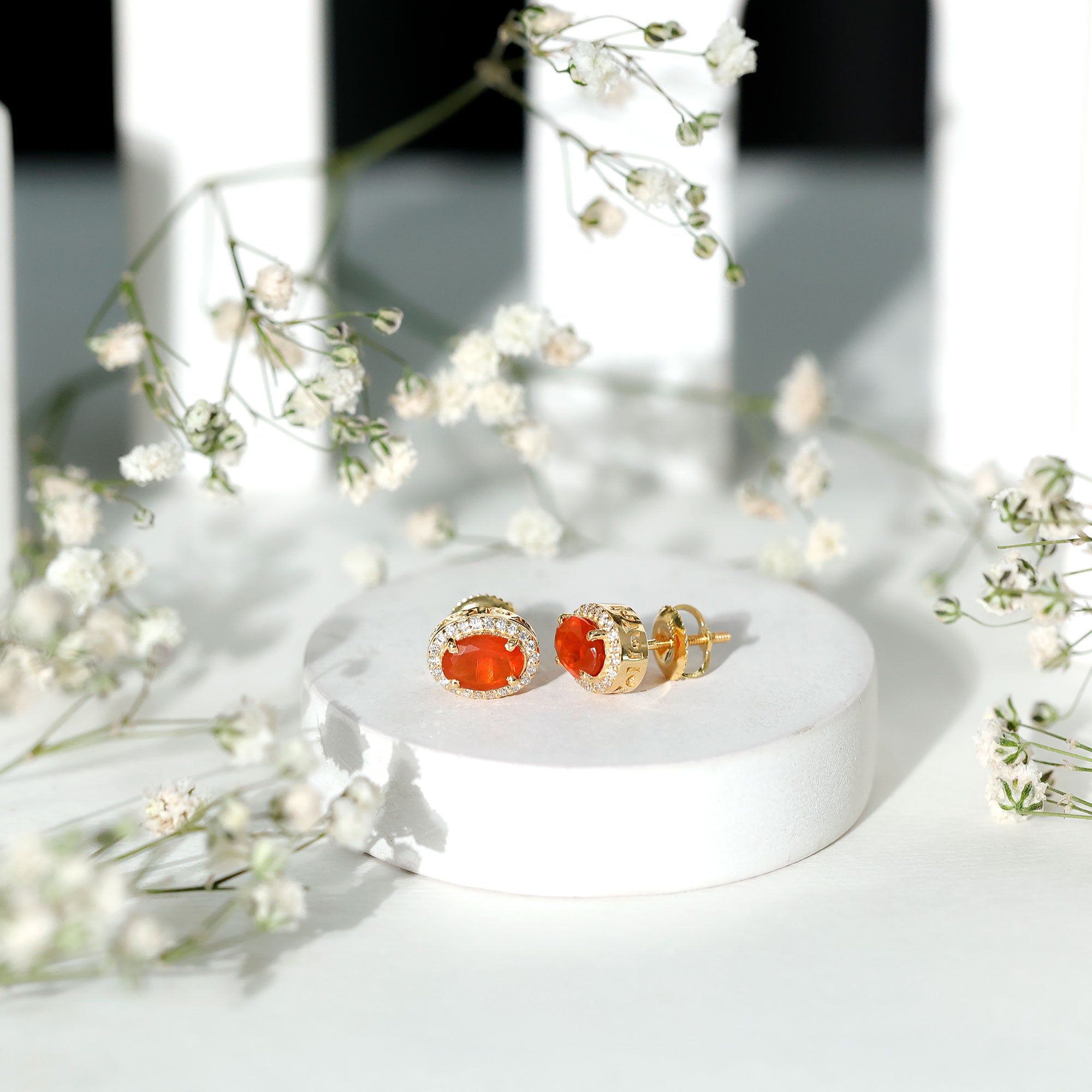 1.50 CT Oval Cut Fire Opal and Diamond Halo Stud Earrings