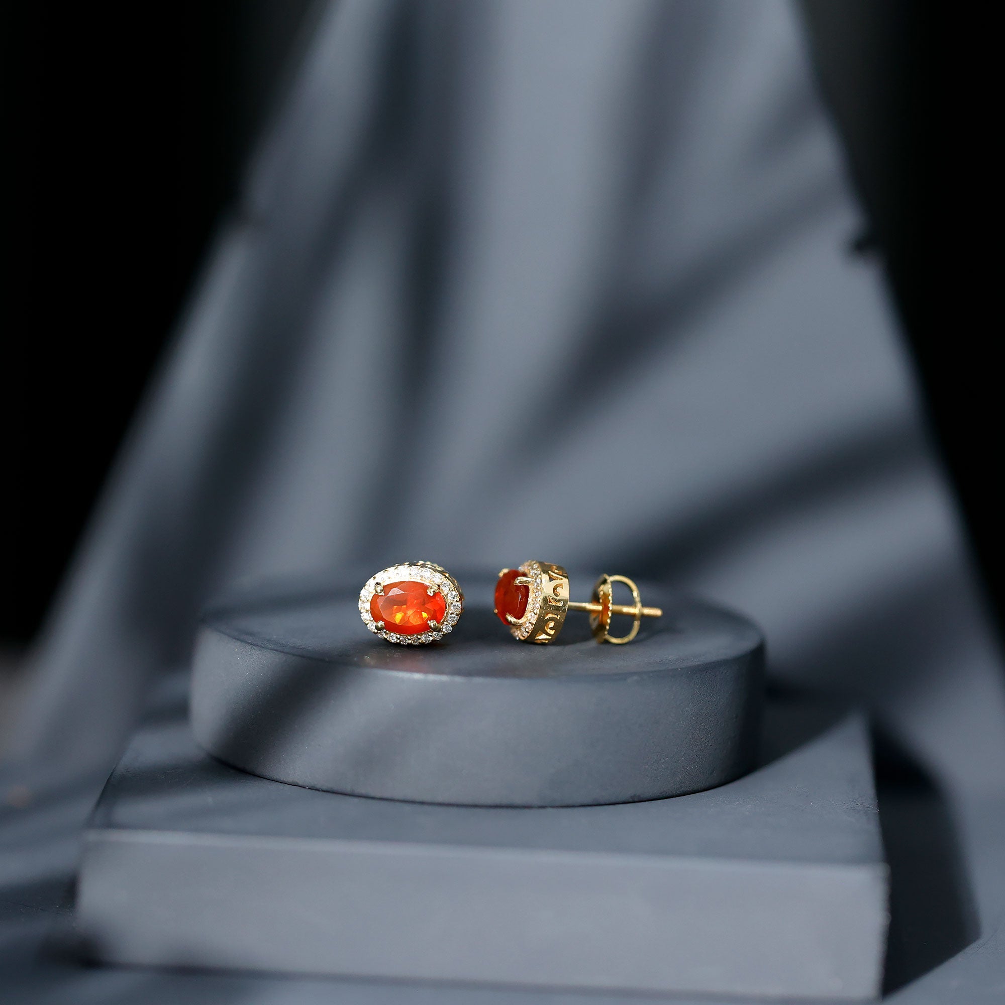 1.50 CT Oval Cut Fire Opal and Diamond Halo Stud Earrings