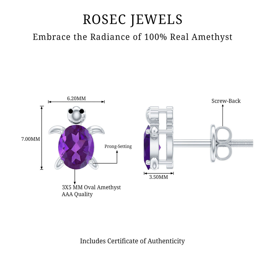 Natural 3X5 MM Oval Amethyst Turtle Stud Earrings