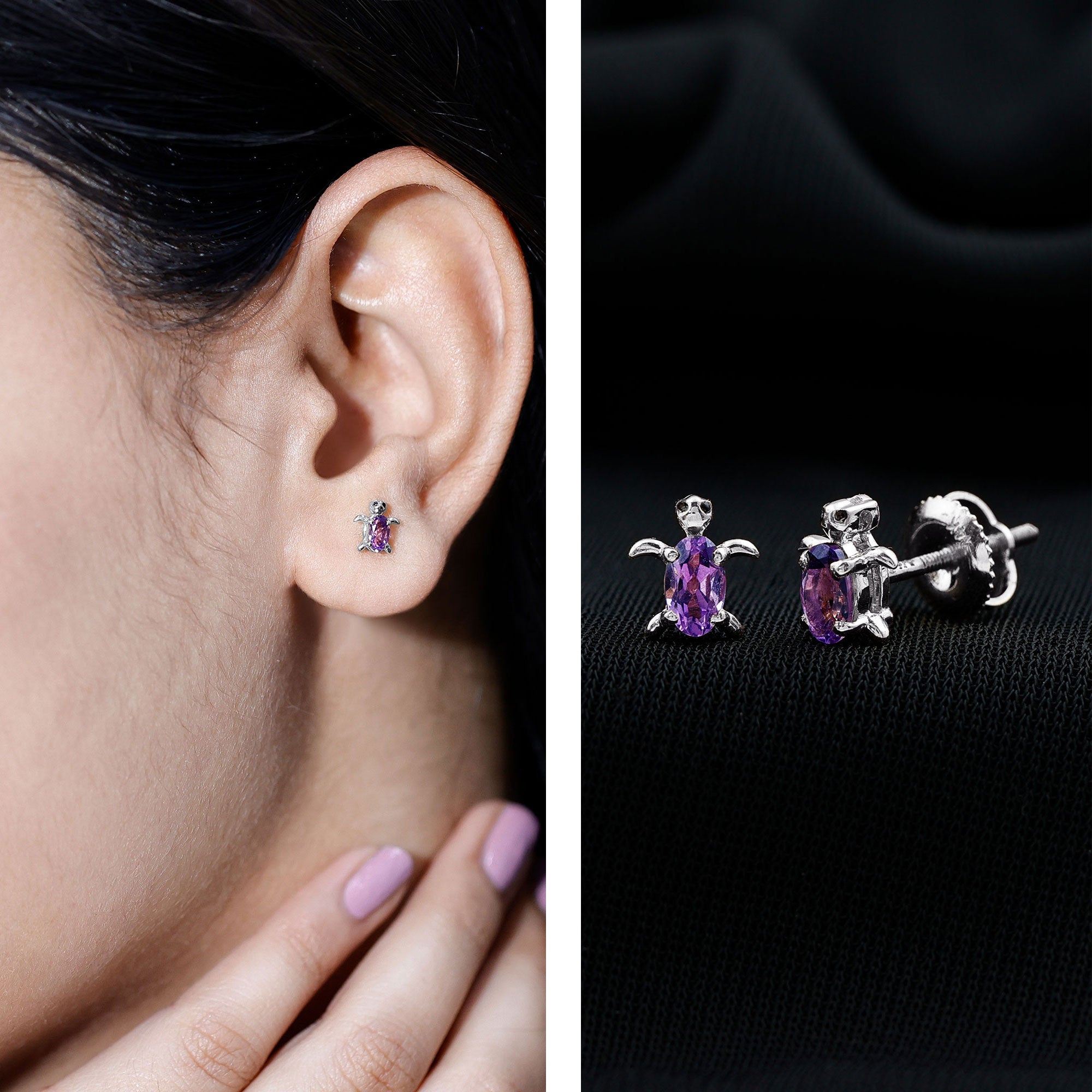 Natural 3X5 MM Oval Amethyst Turtle Stud Earrings