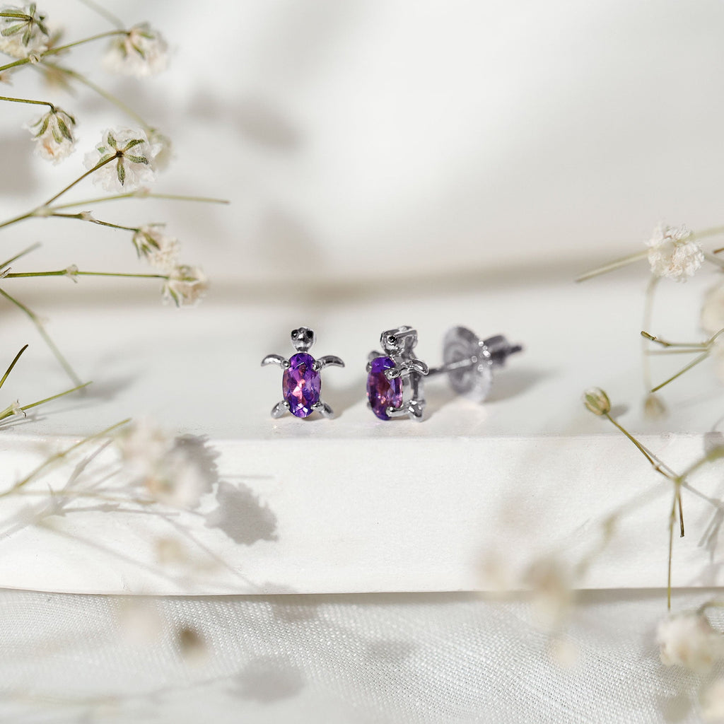 Natural 3X5 MM Oval Amethyst Turtle Stud Earrings