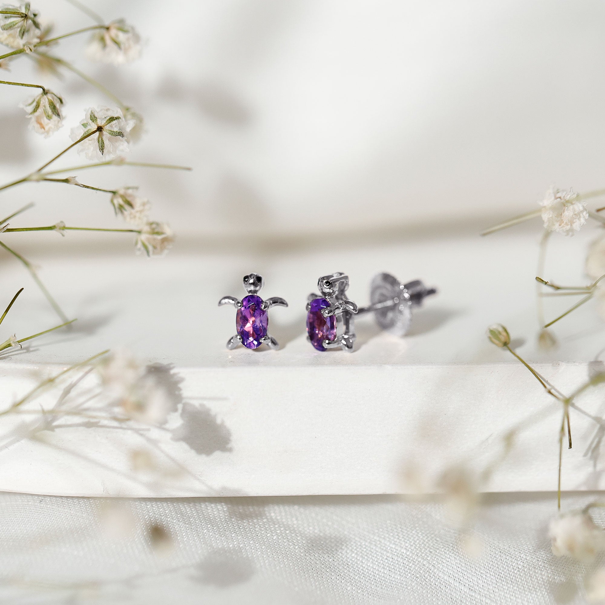 Natural 3X5 MM Oval Amethyst Turtle Stud Earrings