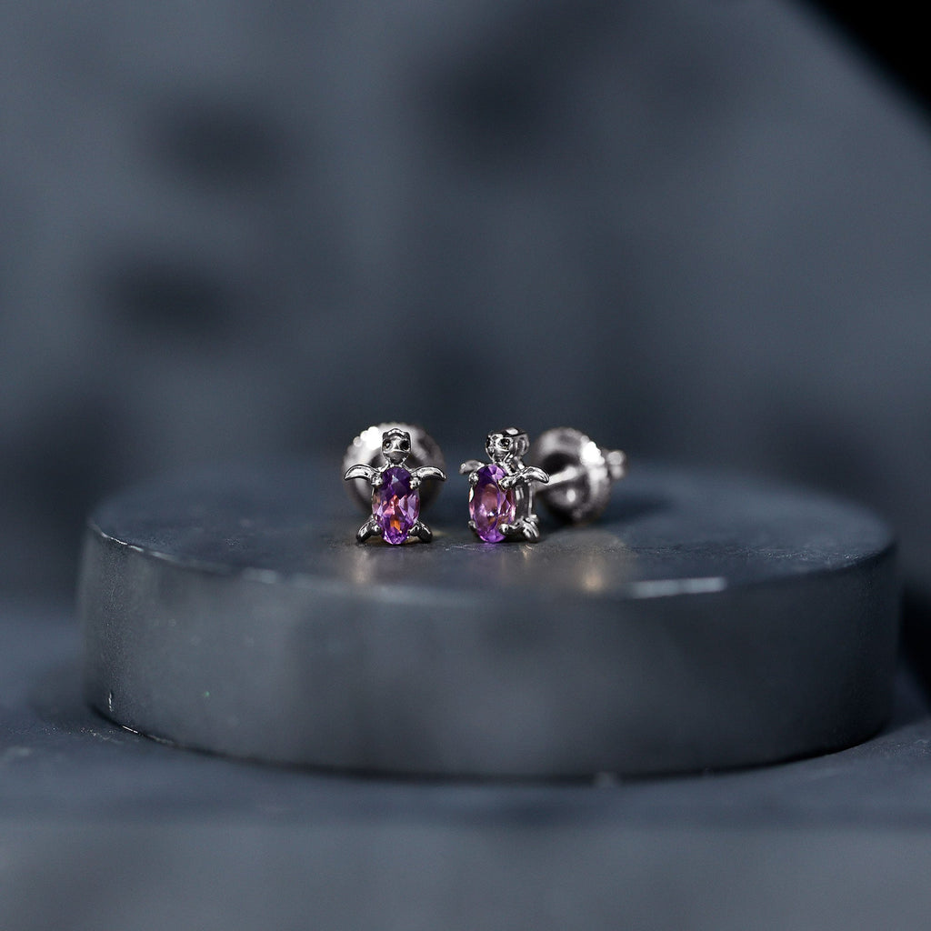 Natural 3X5 MM Oval Amethyst Turtle Stud Earrings