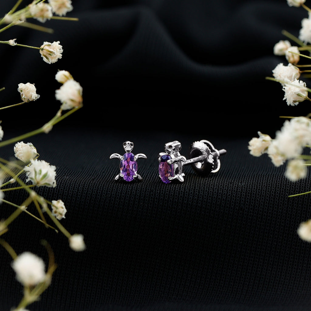 Natural 3X5 MM Oval Amethyst Turtle Stud Earrings
