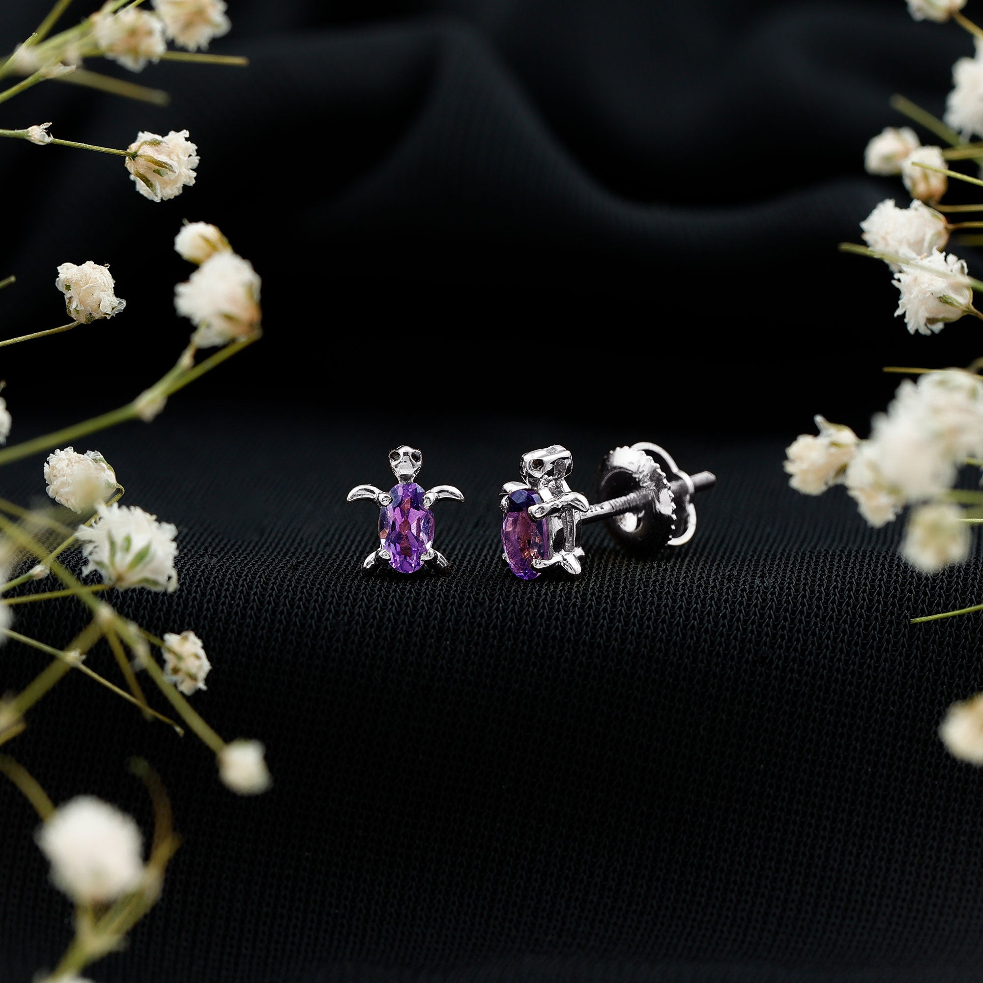 Natural 3X5 MM Oval Amethyst Turtle Stud Earrings
