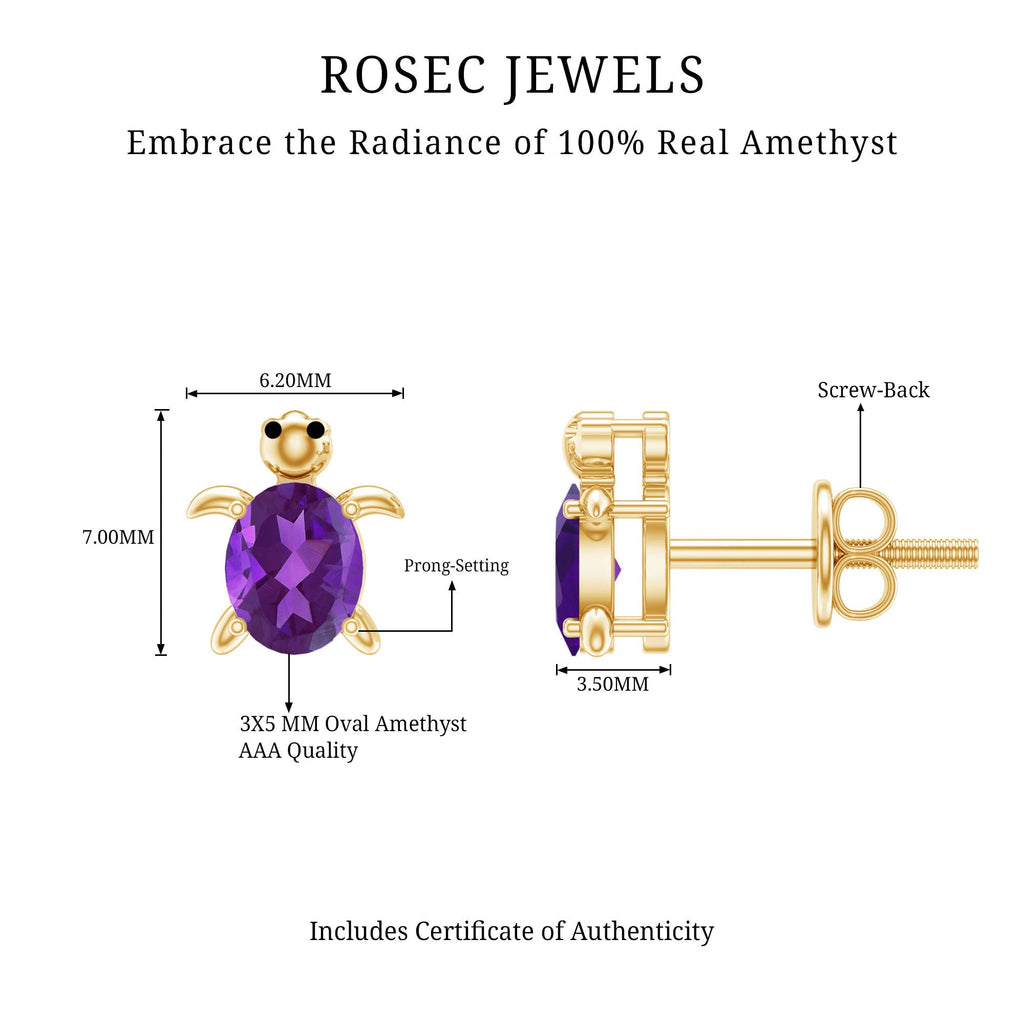 Natural 3X5 MM Oval Amethyst Turtle Stud Earrings