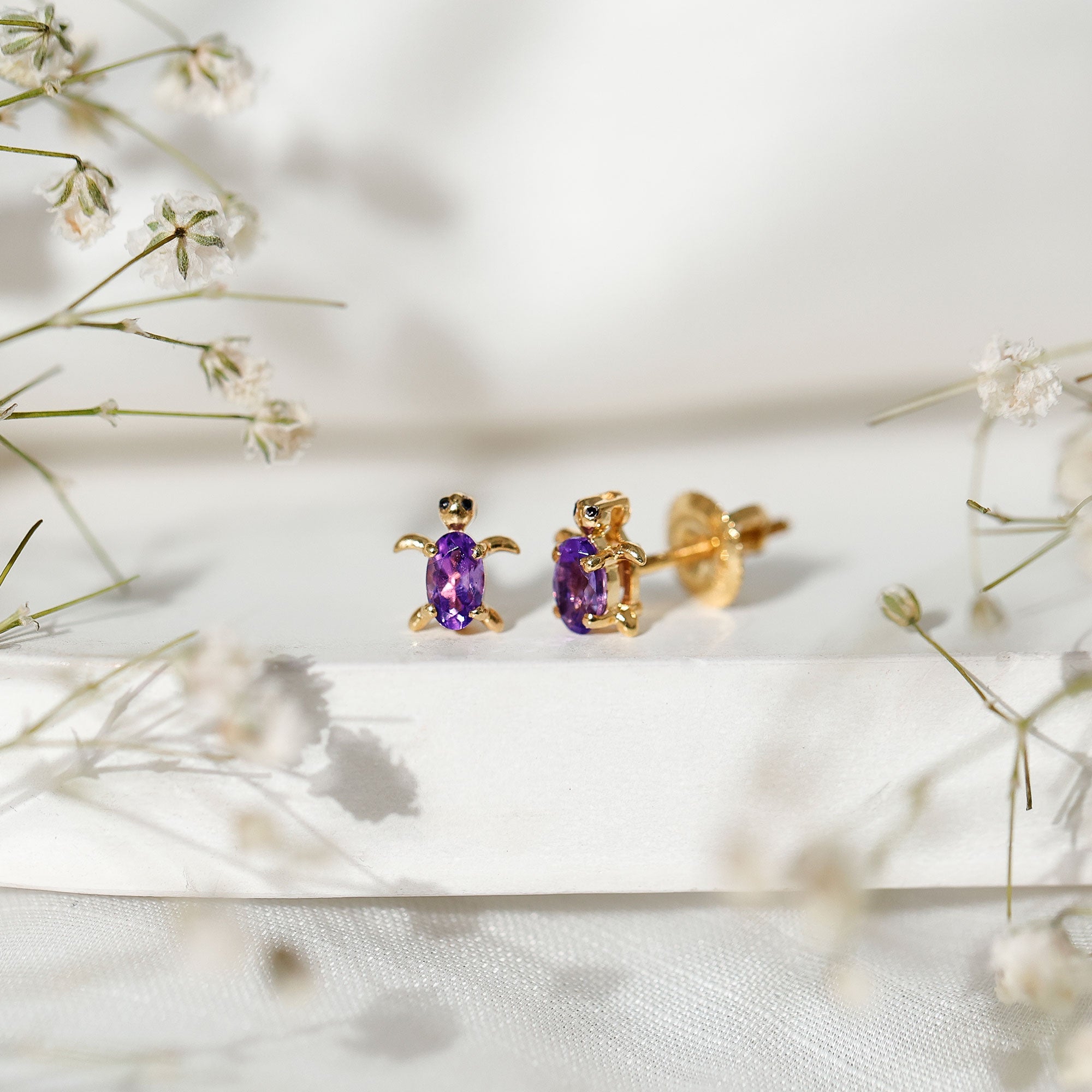 Natural 3X5 MM Oval Amethyst Turtle Stud Earrings