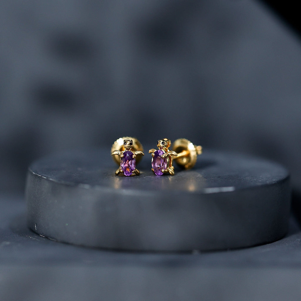 Natural 3X5 MM Oval Amethyst Turtle Stud Earrings