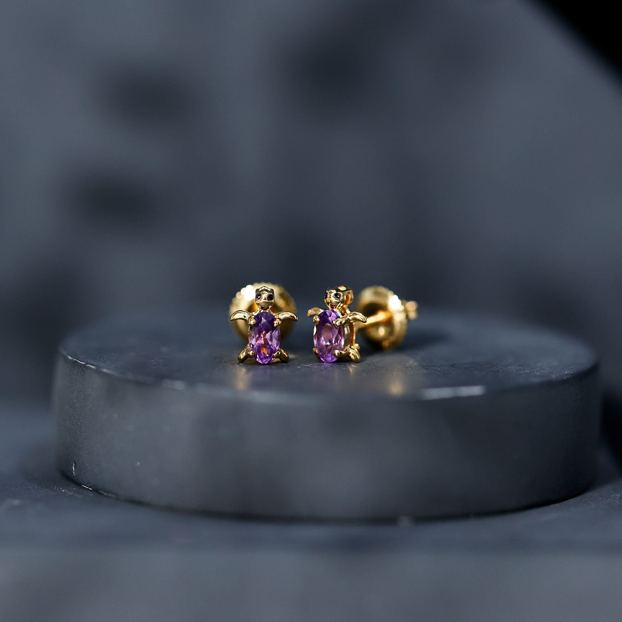 Natural 3X5 MM Oval Amethyst Turtle Stud Earrings
