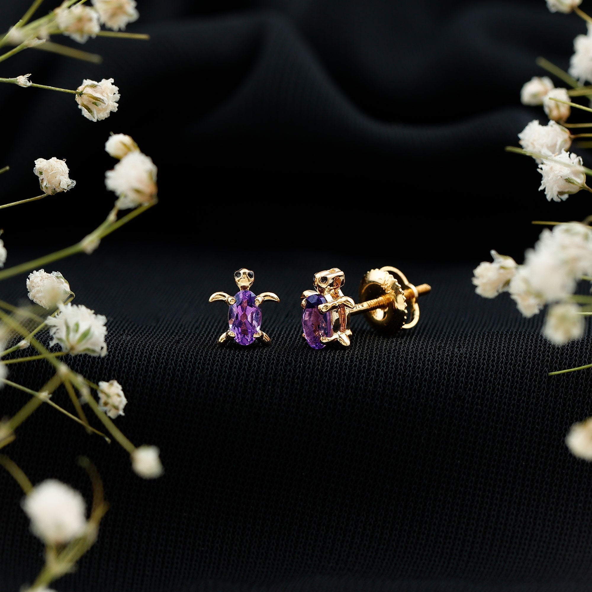 Natural 3X5 MM Oval Amethyst Turtle Stud Earrings