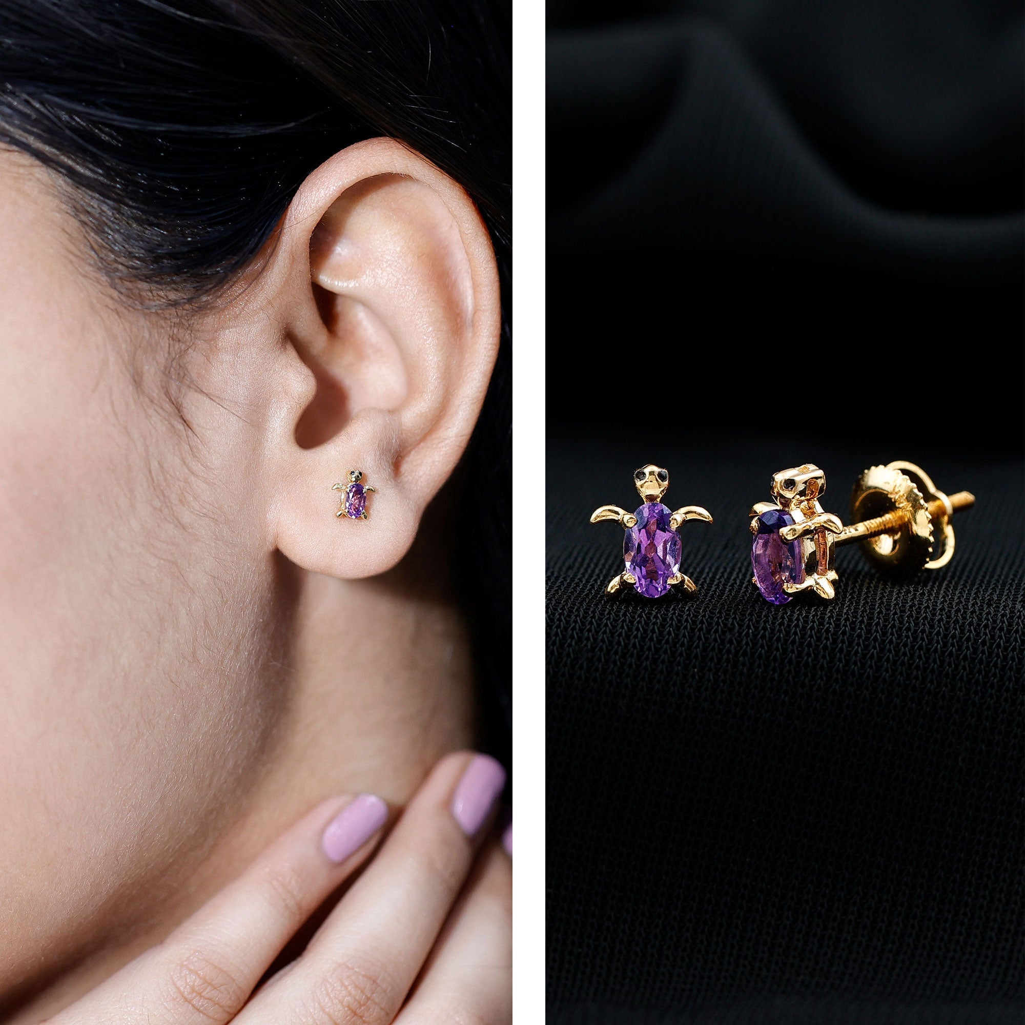 Natural 3X5 MM Oval Amethyst Turtle Stud Earrings