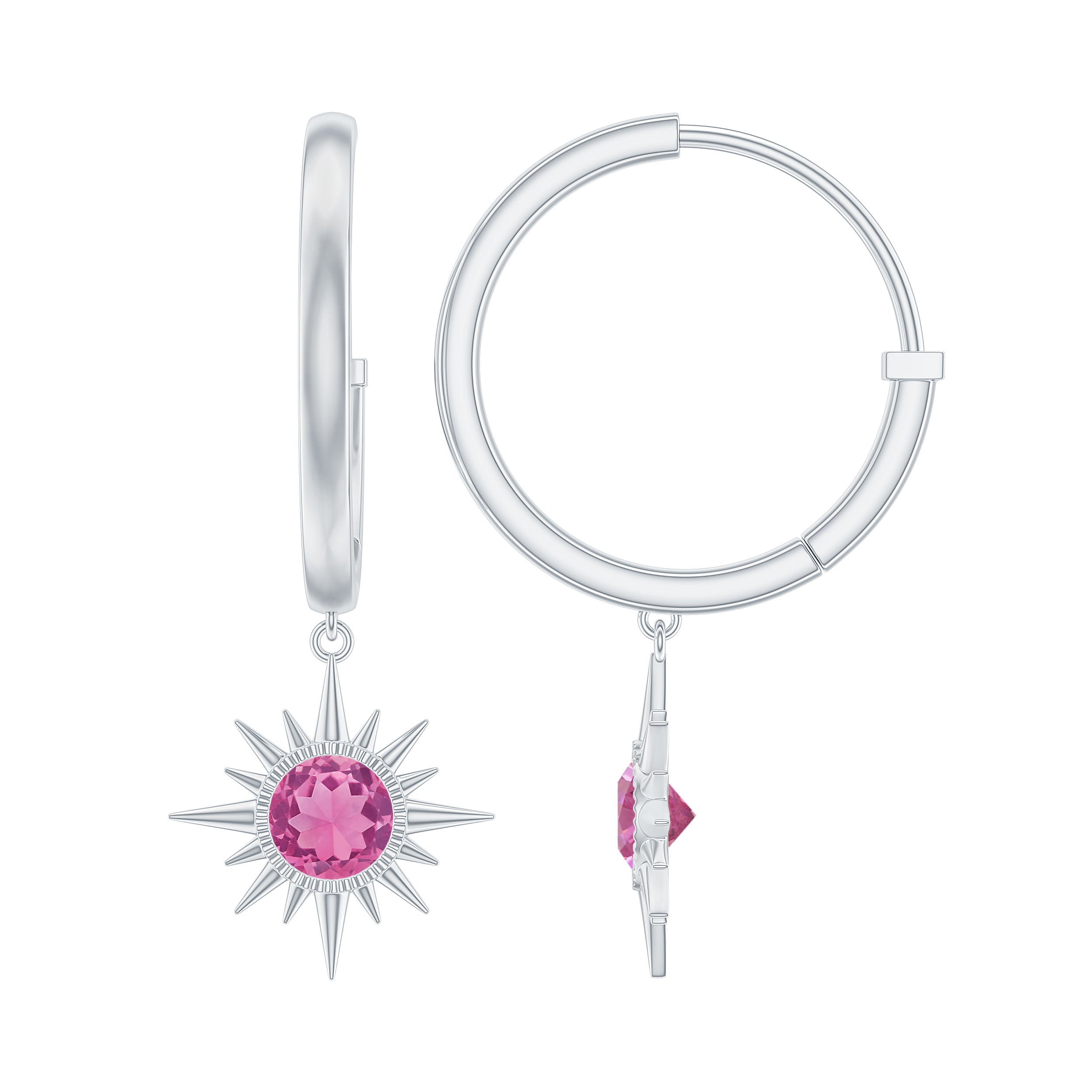 4MM Round Shape Pink Tourmaline Sunburst Hoop Drop Earrings