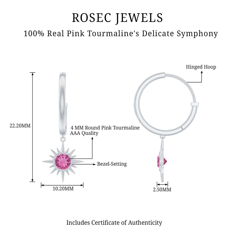 4MM Round Shape Pink Tourmaline Sunburst Hoop Drop Earrings