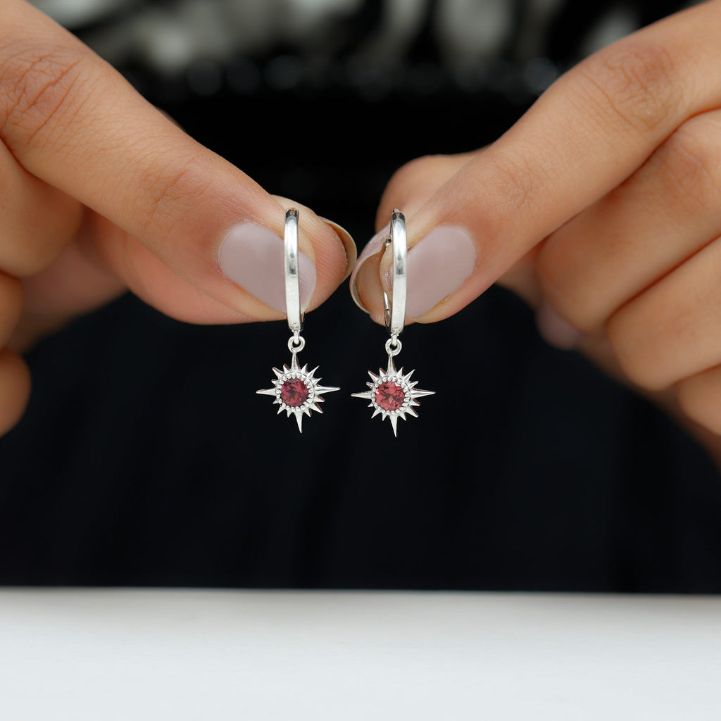 4MM Round Shape Pink Tourmaline Sunburst Hoop Drop Earrings