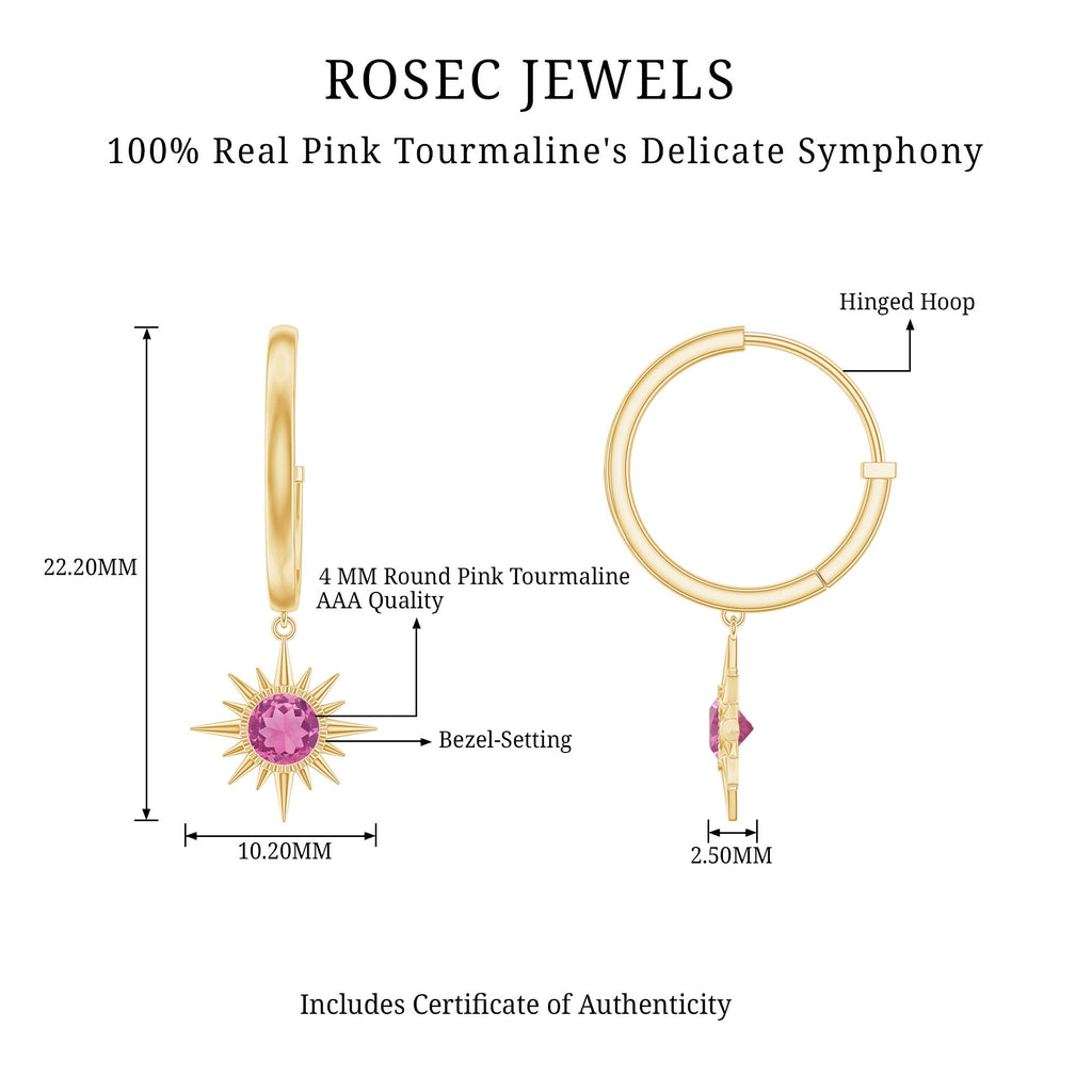 4MM Round Shape Pink Tourmaline Sunburst Hoop Drop Earrings