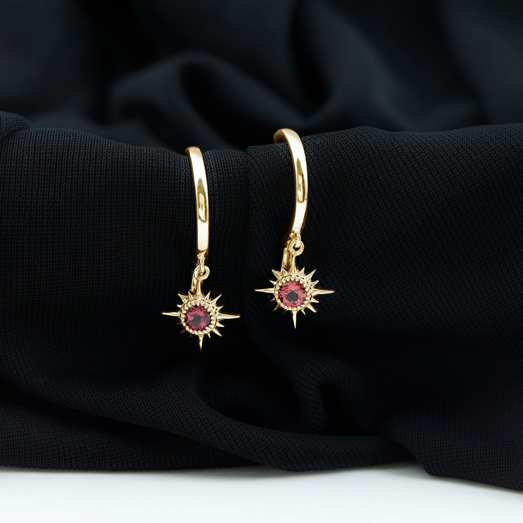 4MM Round Shape Pink Tourmaline Sunburst Hoop Drop Earrings