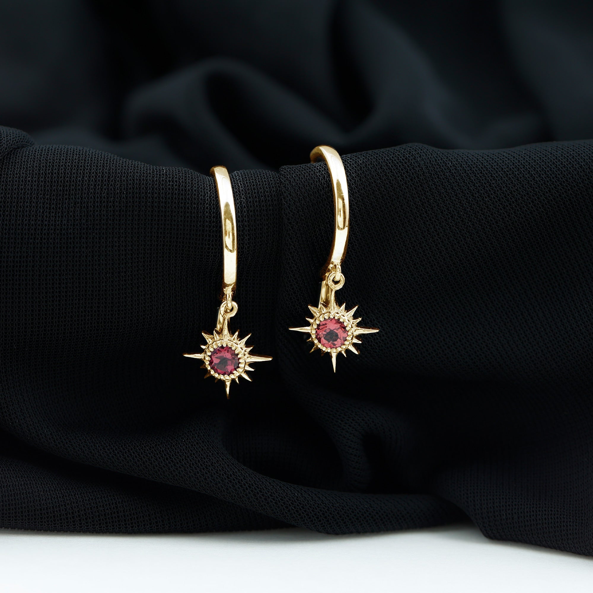 4MM Round Shape Pink Tourmaline Sunburst Hoop Drop Earrings