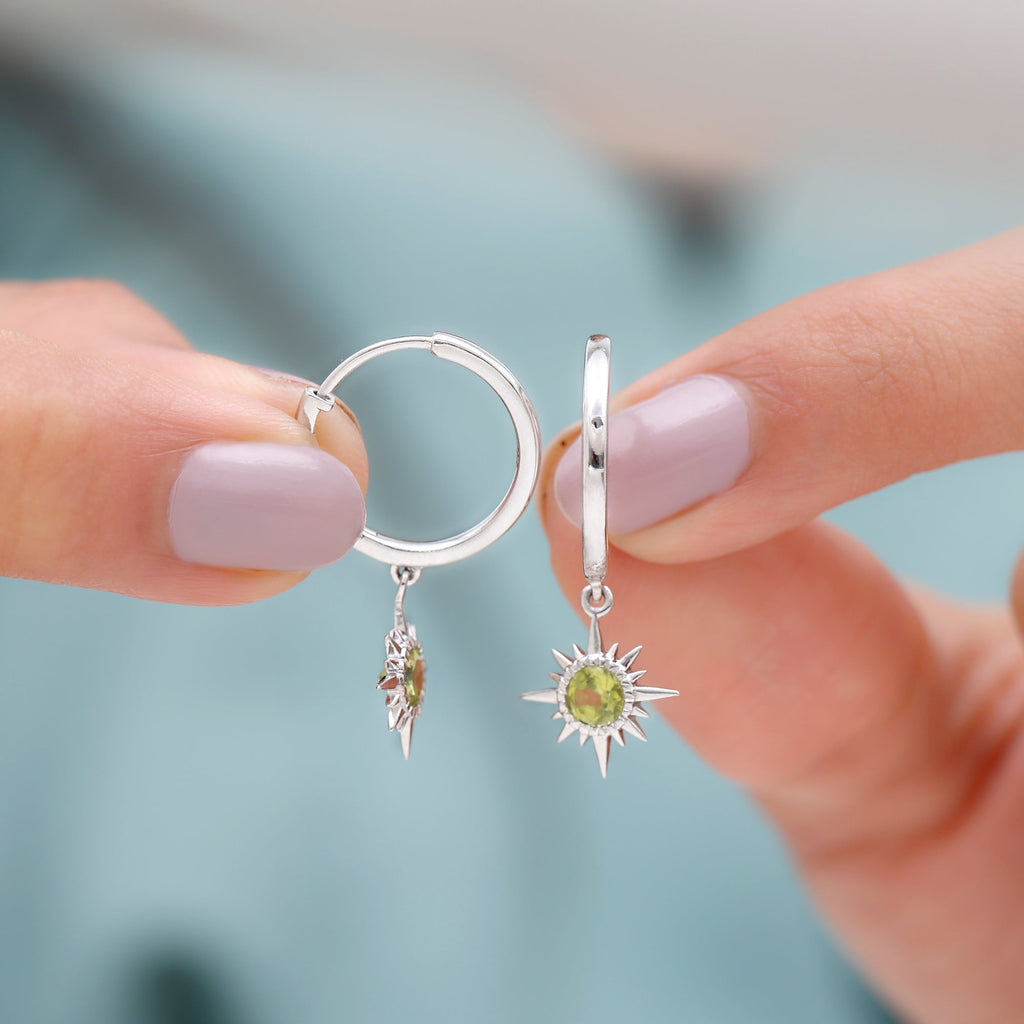 Round Shape 1 Carat Peridot Sunburst Hoop Drop Earrings For Women
