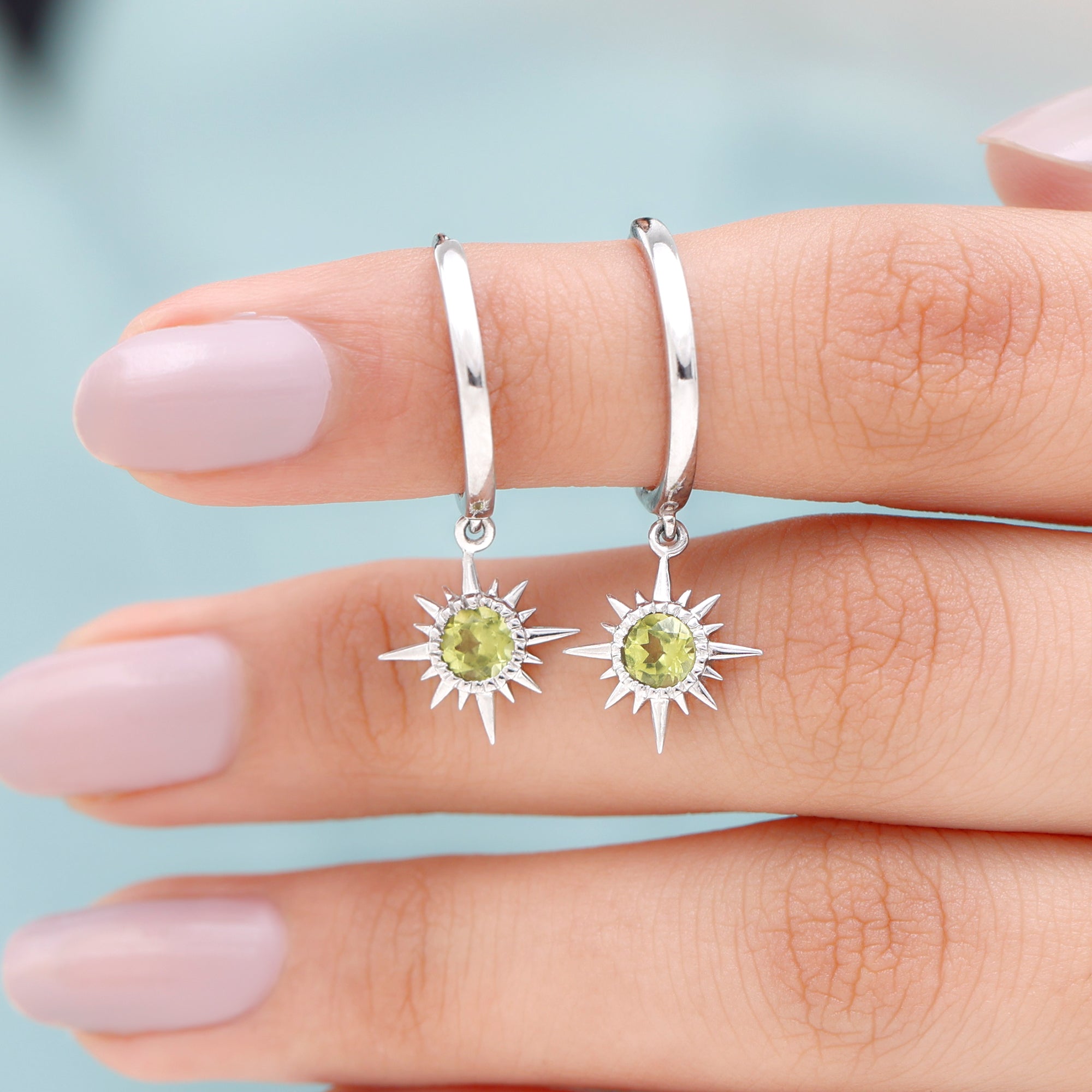 Round Shape 1 Carat Peridot Sunburst Hoop Drop Earrings For Women