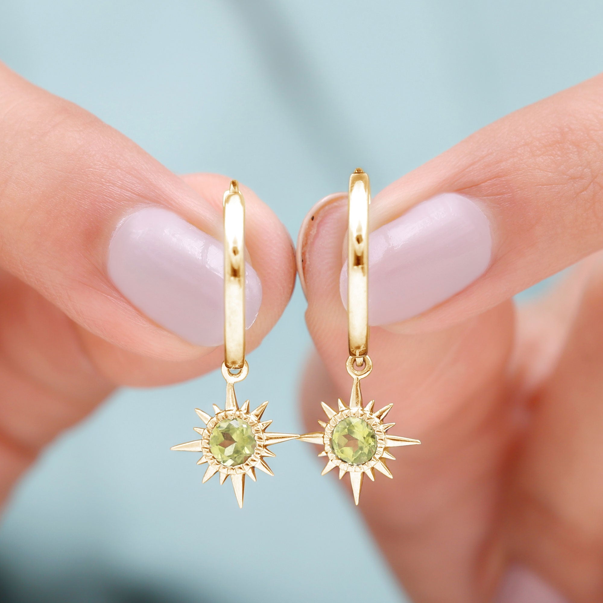 Round Shape 1 Carat Peridot Sunburst Hoop Drop Earrings For Women