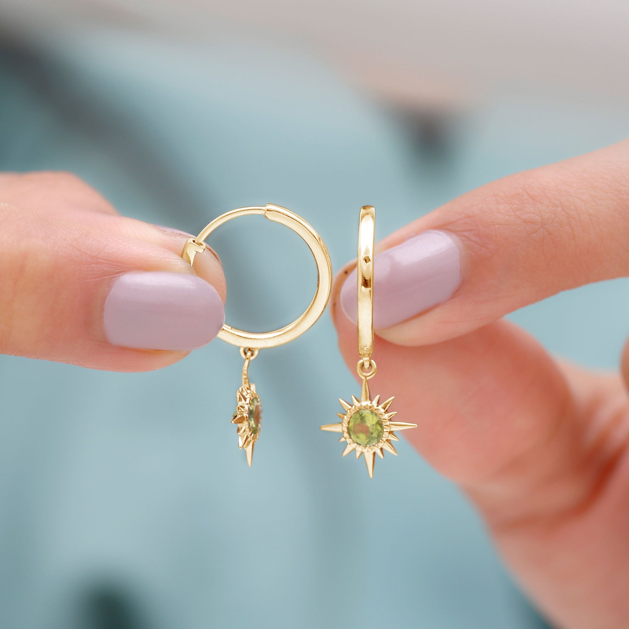Round Shape 1 Carat Peridot Sunburst Hoop Drop Earrings For Women