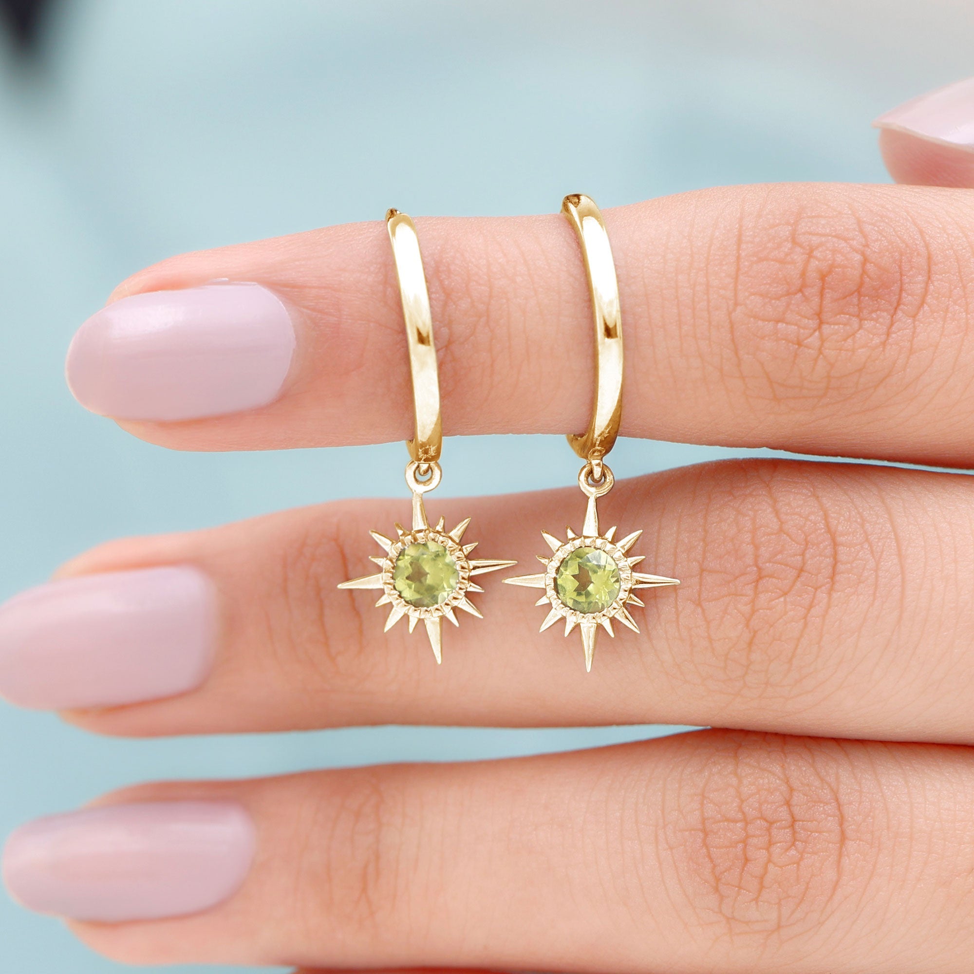 Round Shape 1 Carat Peridot Sunburst Hoop Drop Earrings For Women