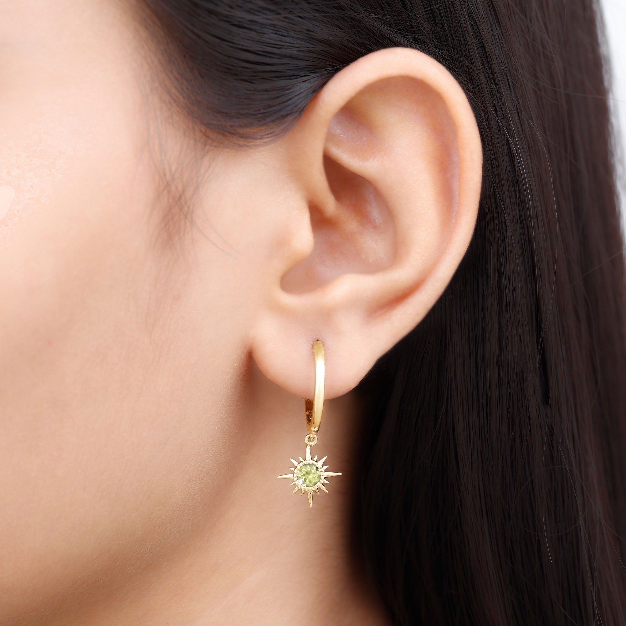 Round Shape 1 Carat Peridot Sunburst Hoop Drop Earrings For Women