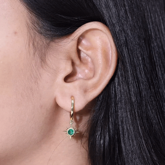 Round Cut Created Emerald Sunburst Hoop Drop Earrings