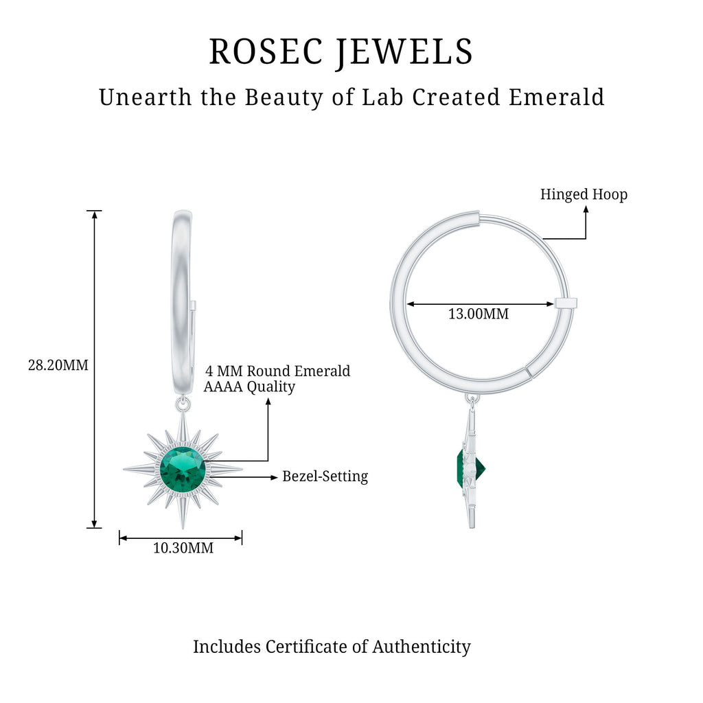 Round Cut Created Emerald Sunburst Hoop Drop Earrings