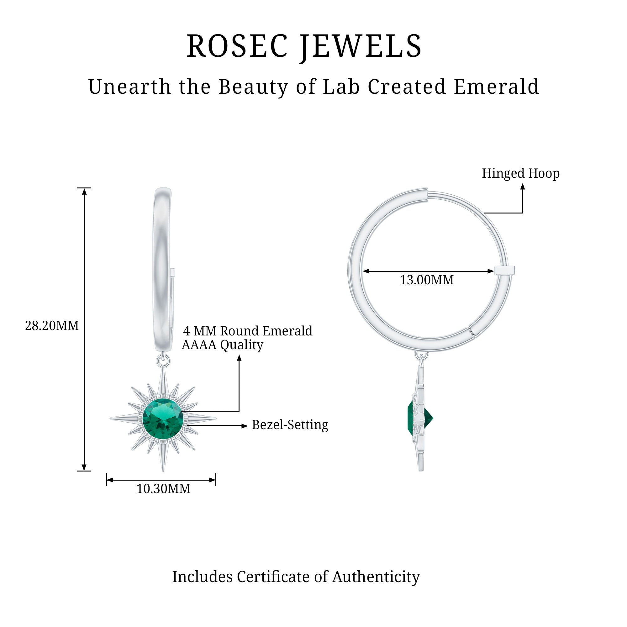 Round Cut Created Emerald Sunburst Hoop Drop Earrings