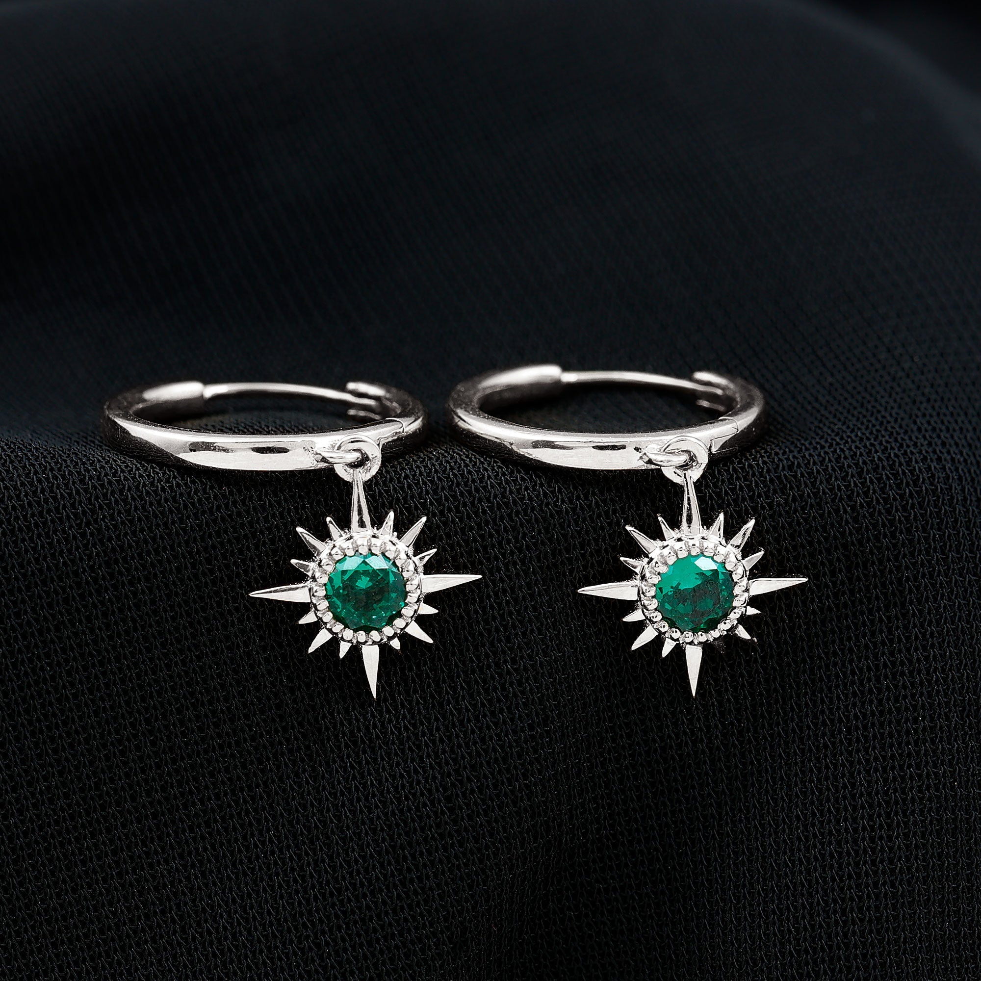 Round Cut Created Emerald Sunburst Hoop Drop Earrings