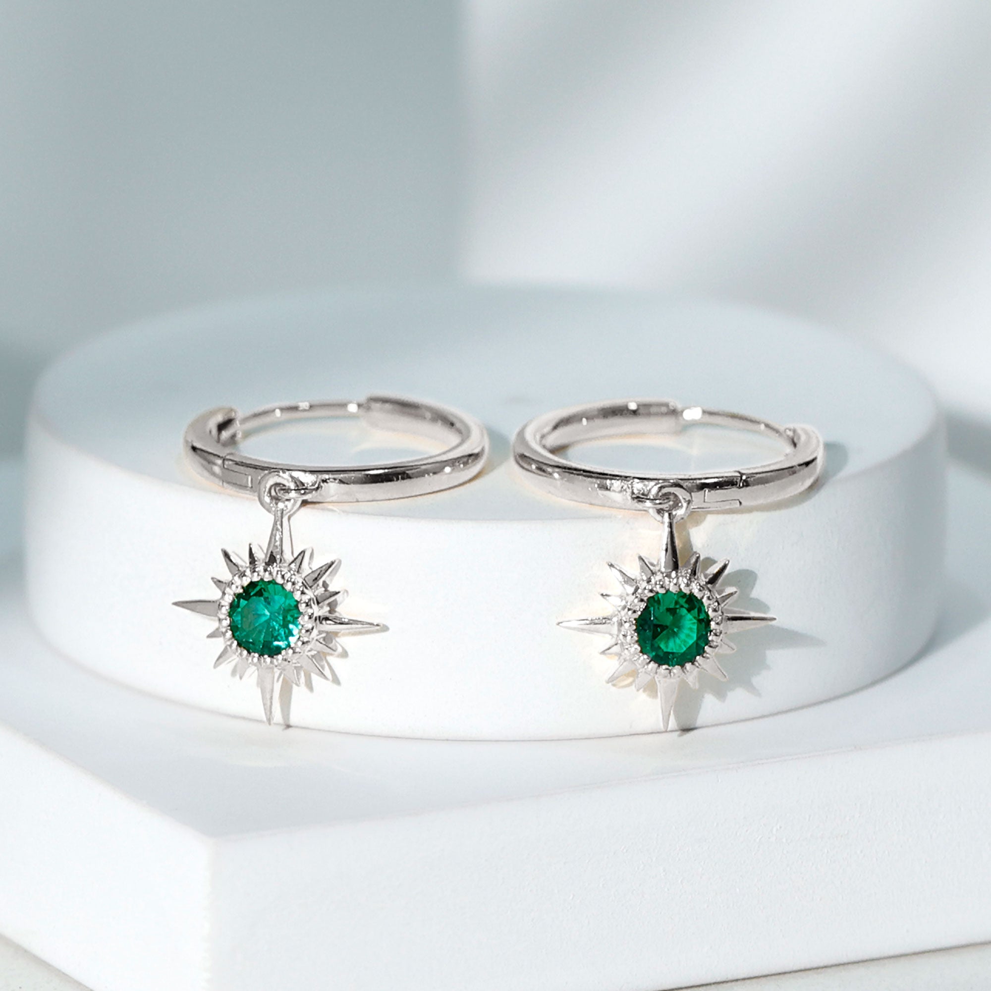 Round Cut Created Emerald Sunburst Hoop Drop Earrings