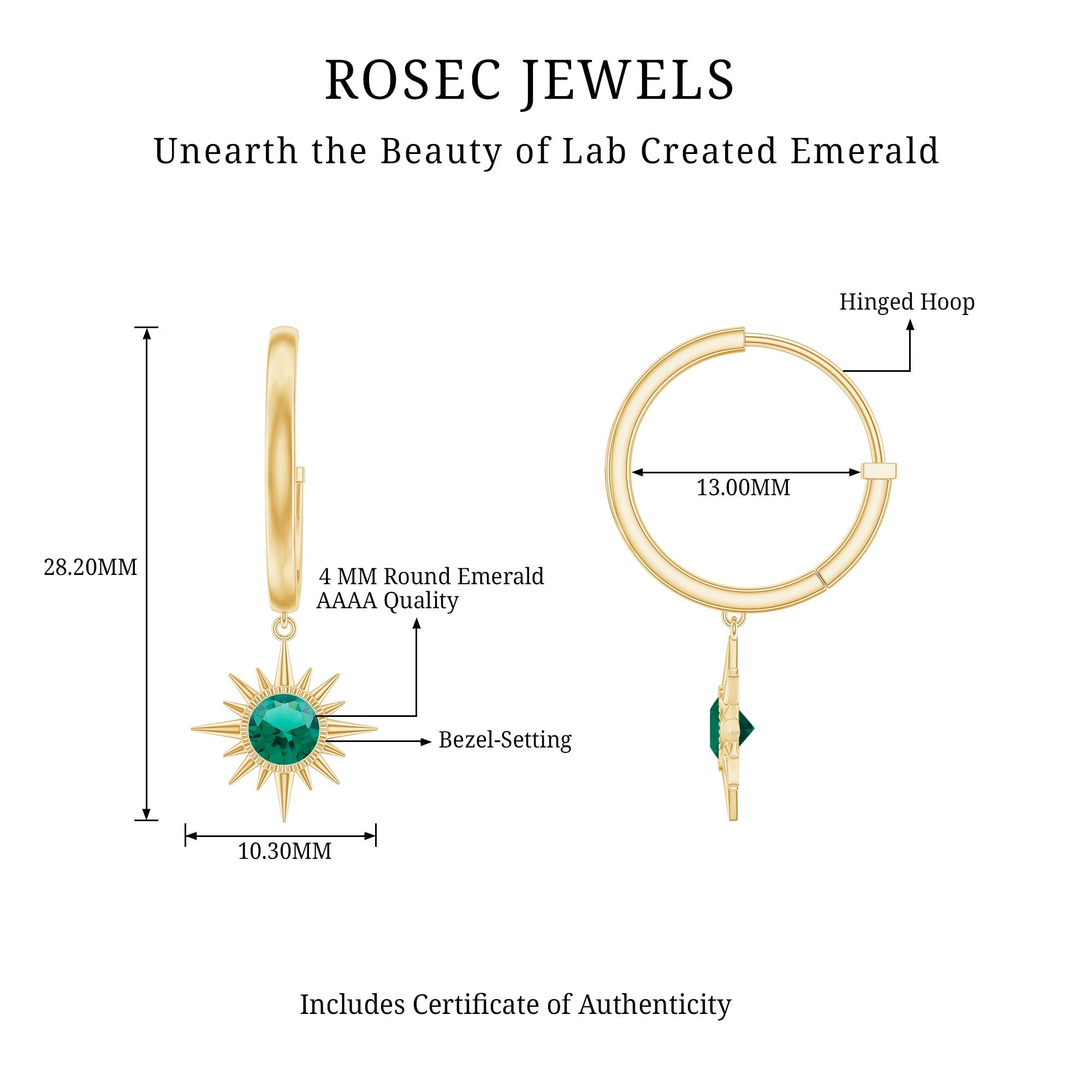 Round Cut Created Emerald Sunburst Hoop Drop Earrings
