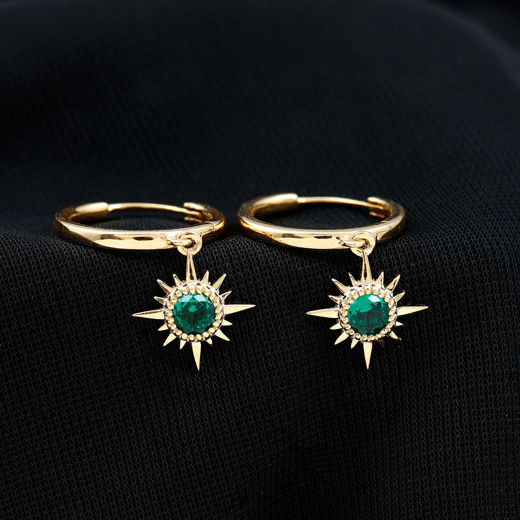 Round Cut Created Emerald Sunburst Hoop Drop Earrings