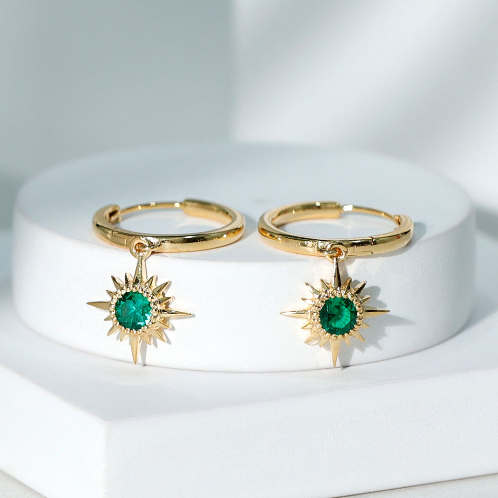 Round Cut Created Emerald Sunburst Hoop Drop Earrings