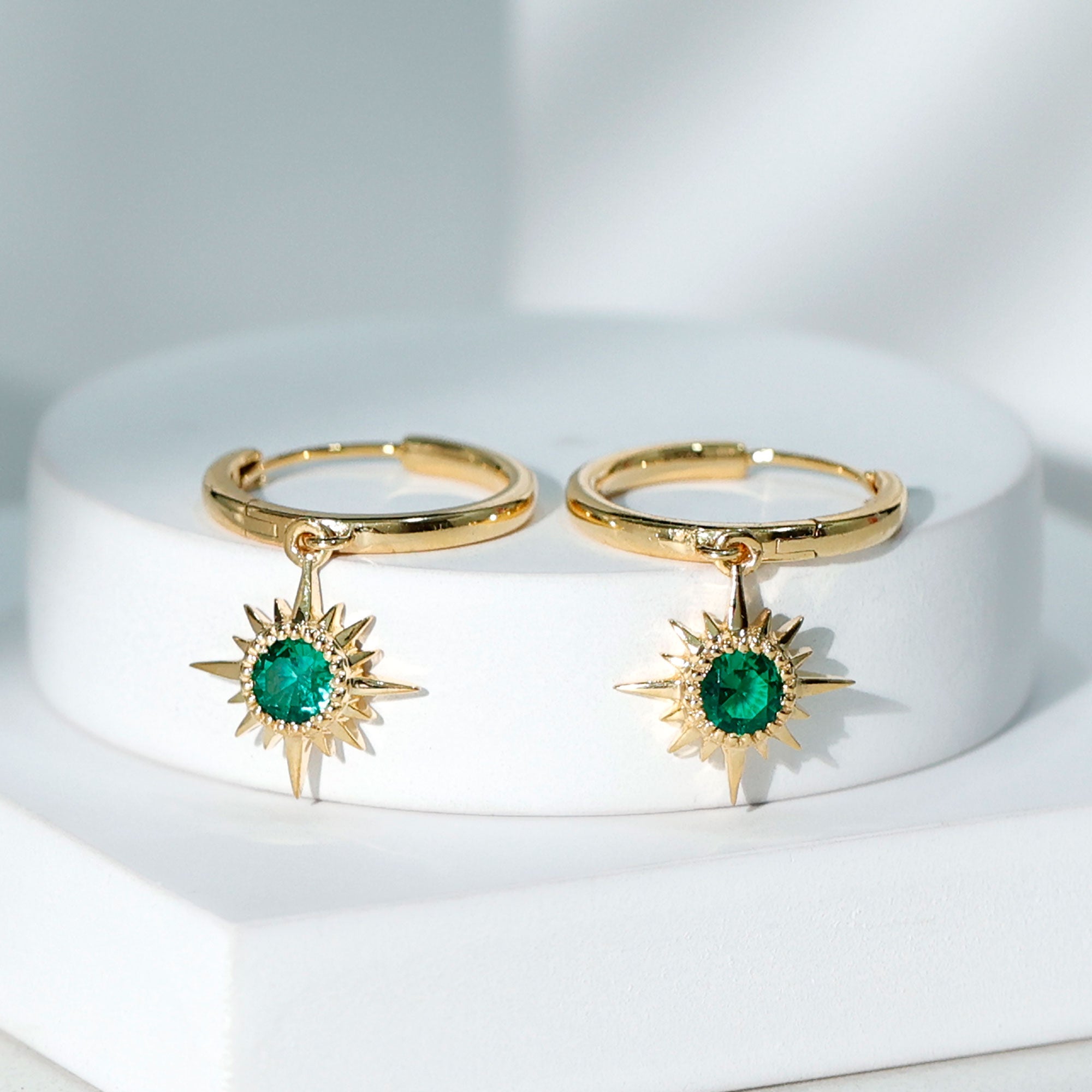 Round Cut Created Emerald Sunburst Hoop Drop Earrings